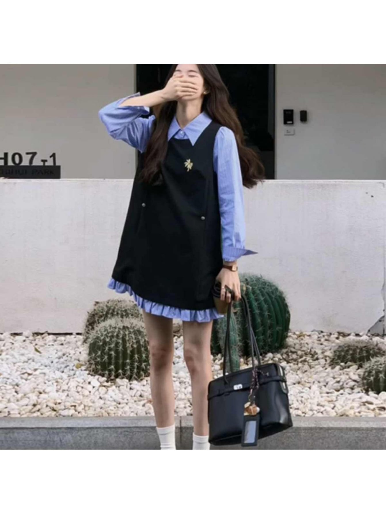 【全店30％OFF引き換え証があり】【花の冠yd?】衣装 レディース 襟付き添い人 プルオーバー衣装 縞模様 うつり変わり 上衣 重ね着? A生産ライン 膝丈 ミニ丈 長袖 体型押しかぶせる 着痩せ 細押し出し 成年者可?い 好いたらしいめ 心地よい フラウンス 裾フラウンス