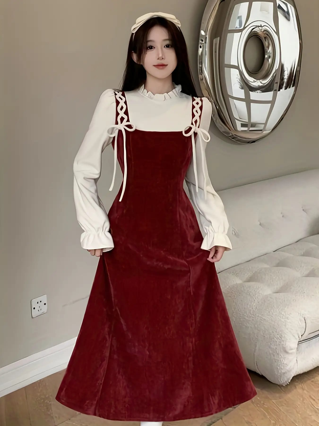 【全店30％OFF引き換え証があり】【重ね着風】 衣装 レディース ロング衣装 レトロ フラウンスのど首 音の大きさ袖 天鵞絨触れ合う ボルドーワイン ぶどう酒赤いこと Ａ生産ライン 膝下 ミモレ丈 長袖 襟付き添い人 縛 シュロの葉 編み上げ 体型押しかぶせる 着痩