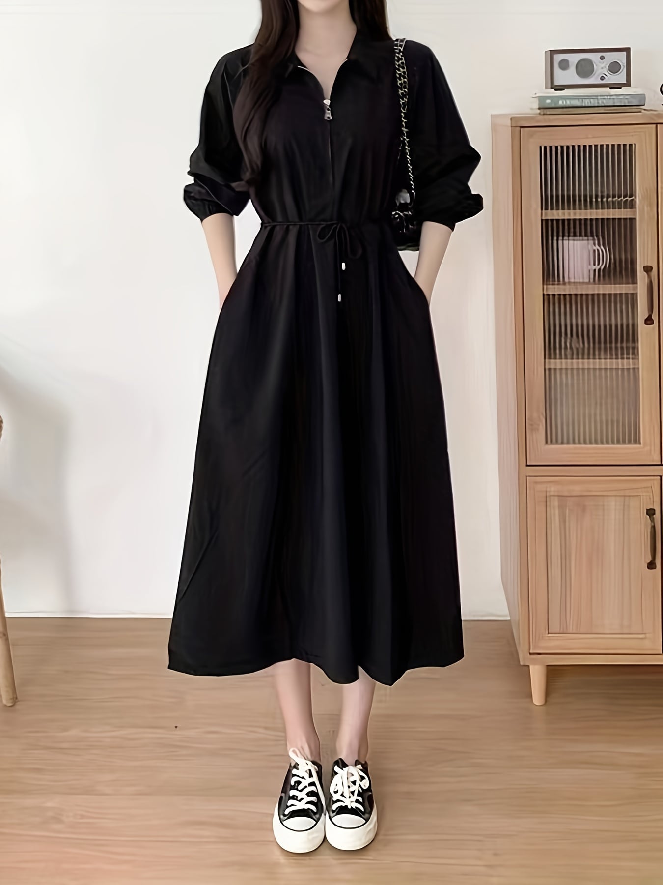 【全店30％OFF引き換え証があり】プルオーバー衣装 ロング丈 レディース 好いたらしいめ 衣装 長袖 襟付き添い人 旗がしら ミモレ丈 膝下 A生産ライン 裾拡がり 酉の方角目じるし 酉の方角シュロの葉 ドロ同盟罷工 衣嚢付き添い人 体型押しかぶせる 着痩せ 細押し出し 二の腕カ