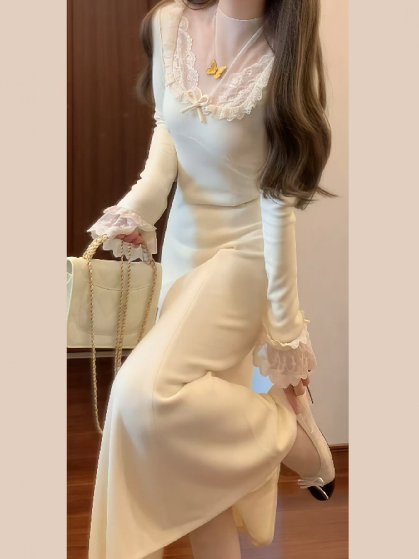 【全店30％OFF引き換え証があり】【バレー中核グループ】 編み物衣装 スピード競技 衣装 レディース ロング衣装 きつい 長袖 マキシ衣装 異原料品 うつり変わり シュロの葉 シアー 透け感 フラウンス 襟付き添い人 伸縮性 着痩せ 細押し出し 体型押しかぶせる 御内儀 ガ