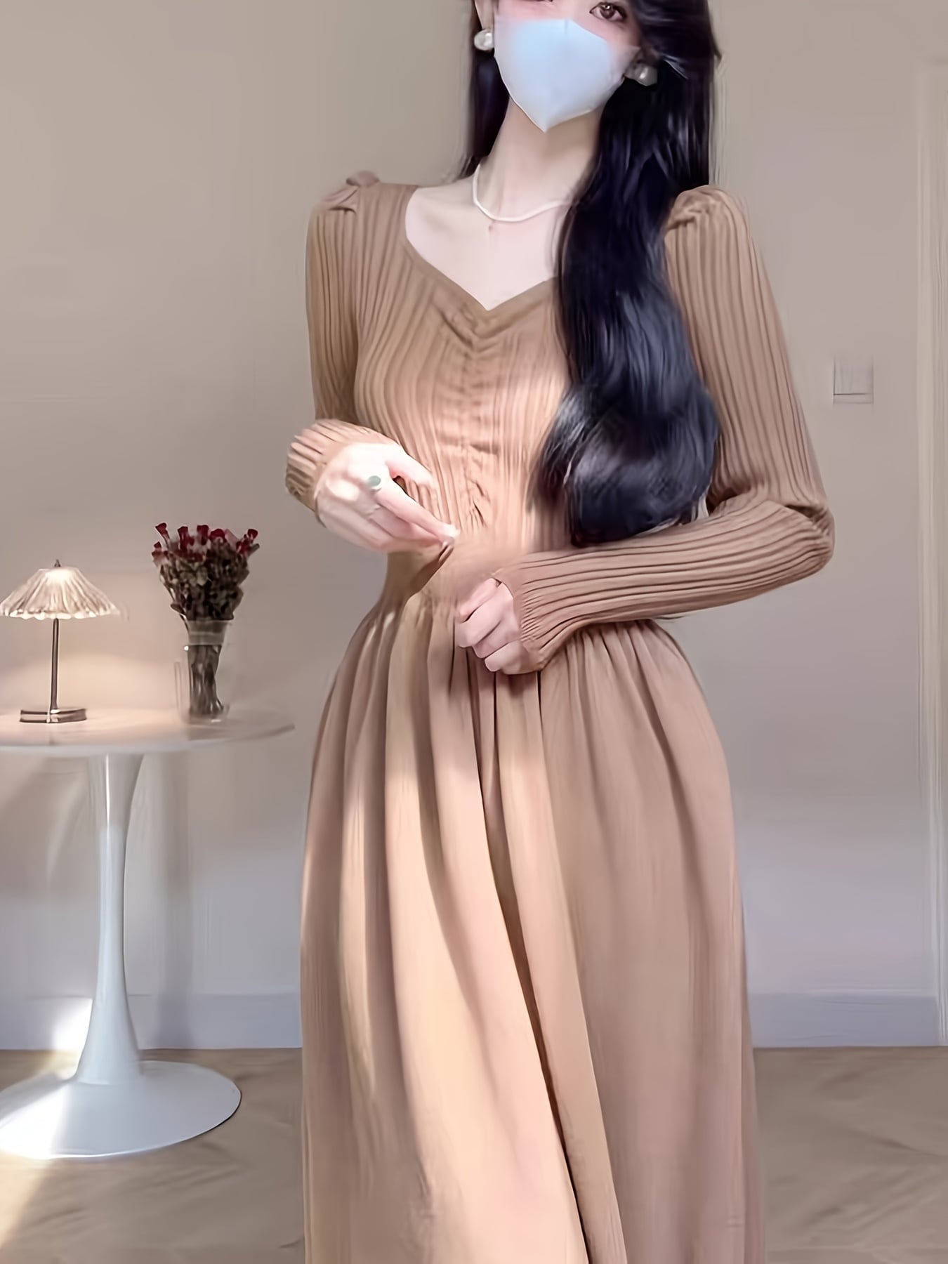【全店30％OFF引き換え証があり】【カシミヤタッチ】 編み物衣装 ロング レディース 長袖 Vのど首 シャーリング リブニット A生産ライン 体型押しかぶせる 着痩せ 細押し出し 酉の方角目じるし マキシ丈 スウェーター 衣装 秋 冬 好いたらしいめ 成年者好いたらしい