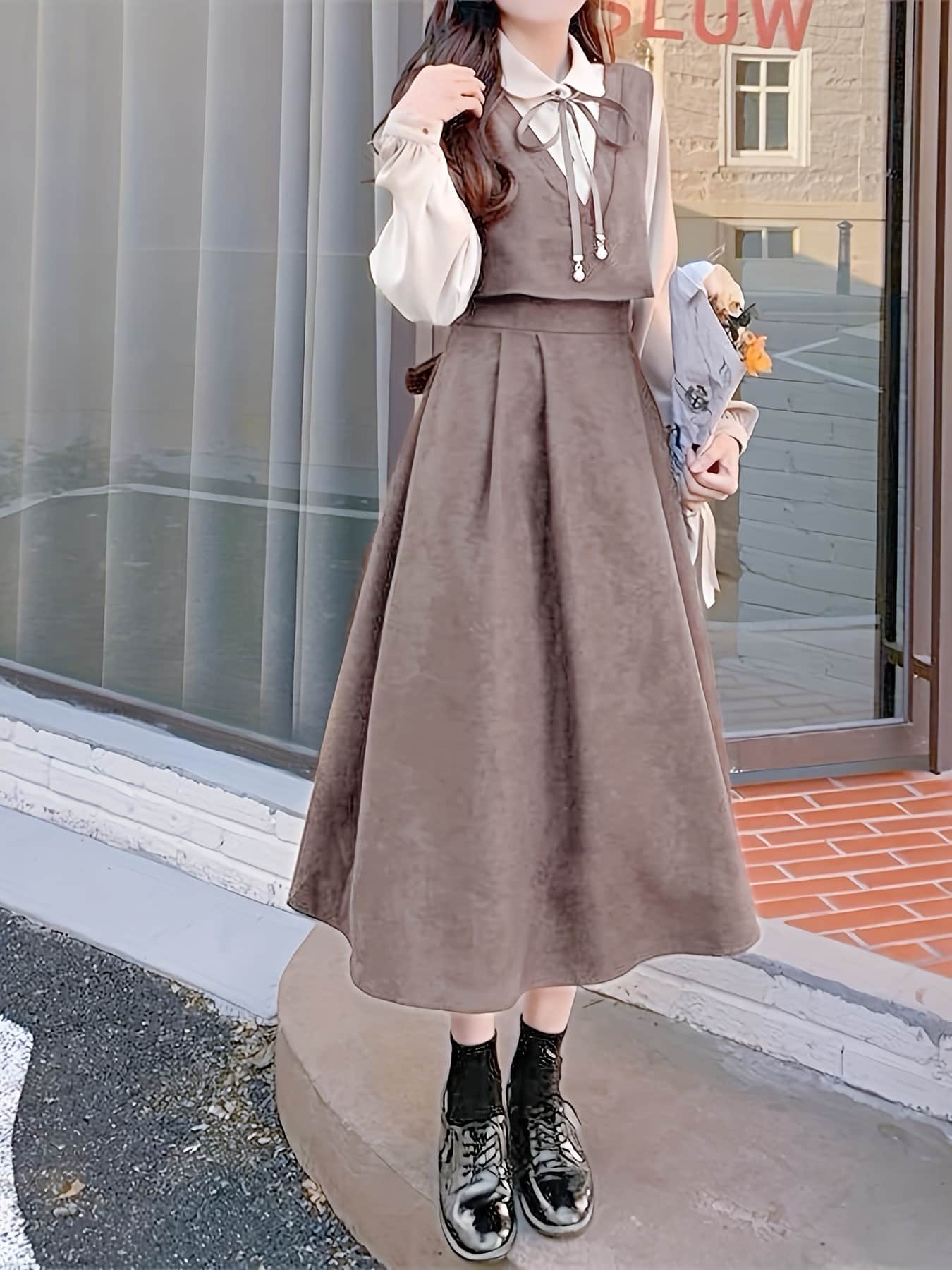 【全店30％OFF引き換え証があり】【重ね着風】プルオーバー衣装 ロング 襟付き添い人 シュロの葉 フェイクレイヤード 長袖 Ａ生産ライン 秋 冬 衣装 レディース マキシ丈 異原料品 うつり変わり スエードクロス調 酉の方角目じるし 音の大きさ袖 ぽわん袖 体型押しかぶせる 着痩せ