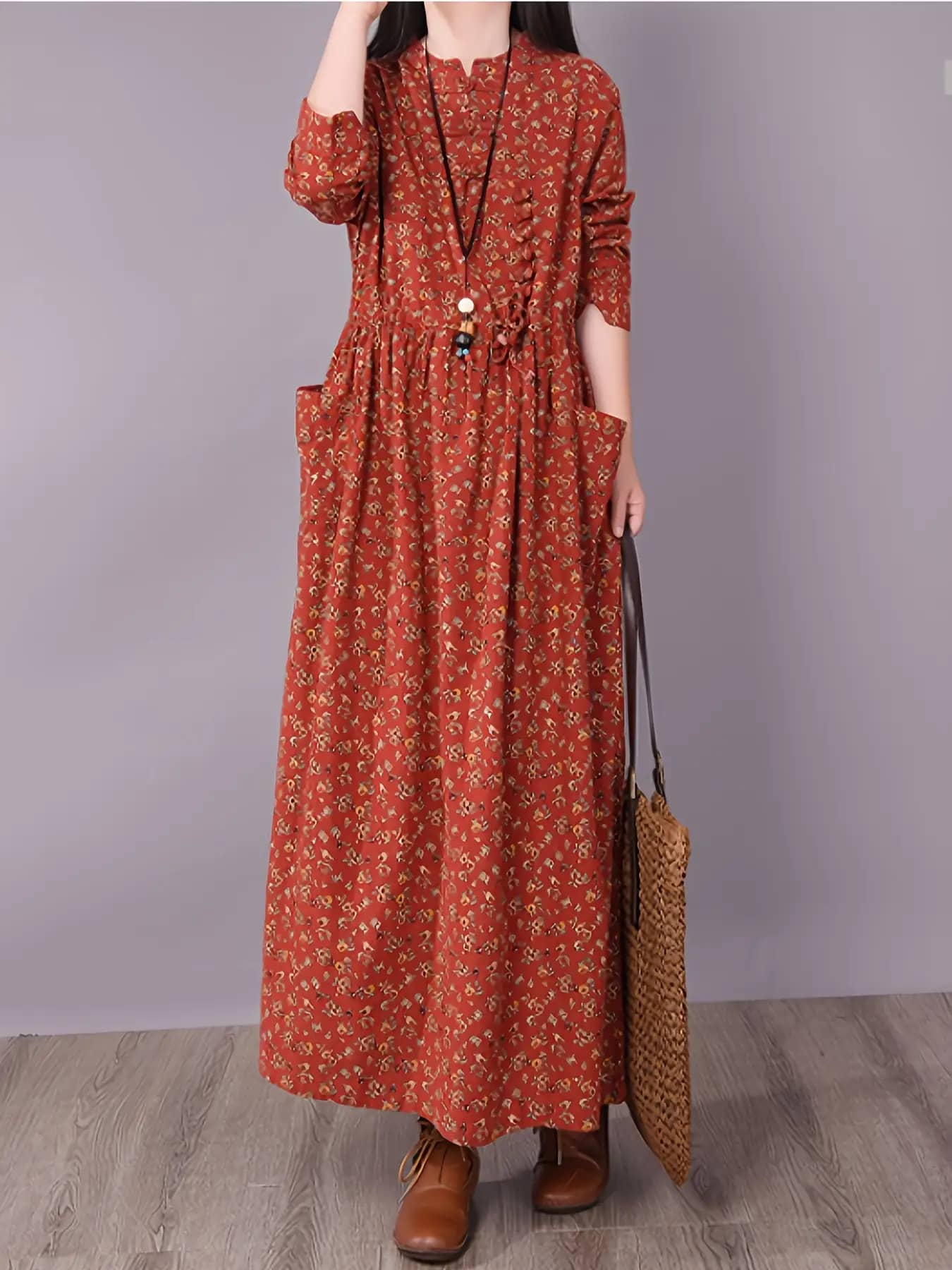 【全店30％OFF引き換え証があり】【レトロ花柄】衣装 ロング衣装 マキシ衣装 レディース 長袖 小花柄 総柄 照明ランプ色合い ダンス楽隊色合い 立ち襟 襟付き添い人 綿混 綿織物混 体型押しかぶせる ゆったり ぽっ自転車 着痩せ A生産ライン ナチュ