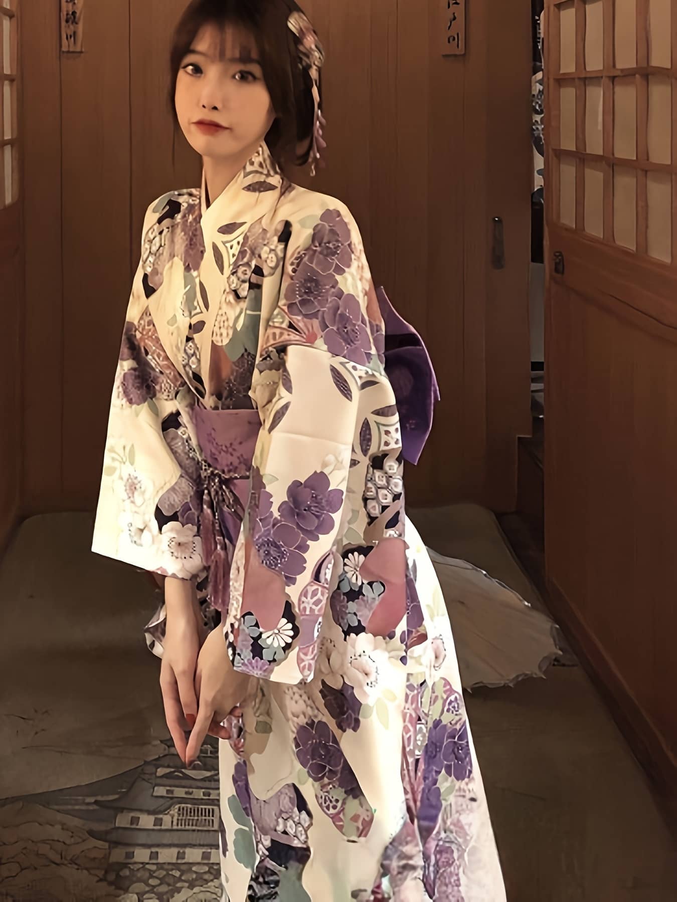 【全店30％OFFクーポン券があり】【2024新作】浴衣 レディース 仕掛ける レトロ 今めかしい 成年者好いたらしい ゆかた 成人女性 着物 和装 御召しもの 花柄 紫 パープル 2点仕掛ける 3点仕掛ける 帯 サボ 営造帯 飾り気の無い 着付け 冷やりとした 洗える 綿麻風 大正人情本 ア