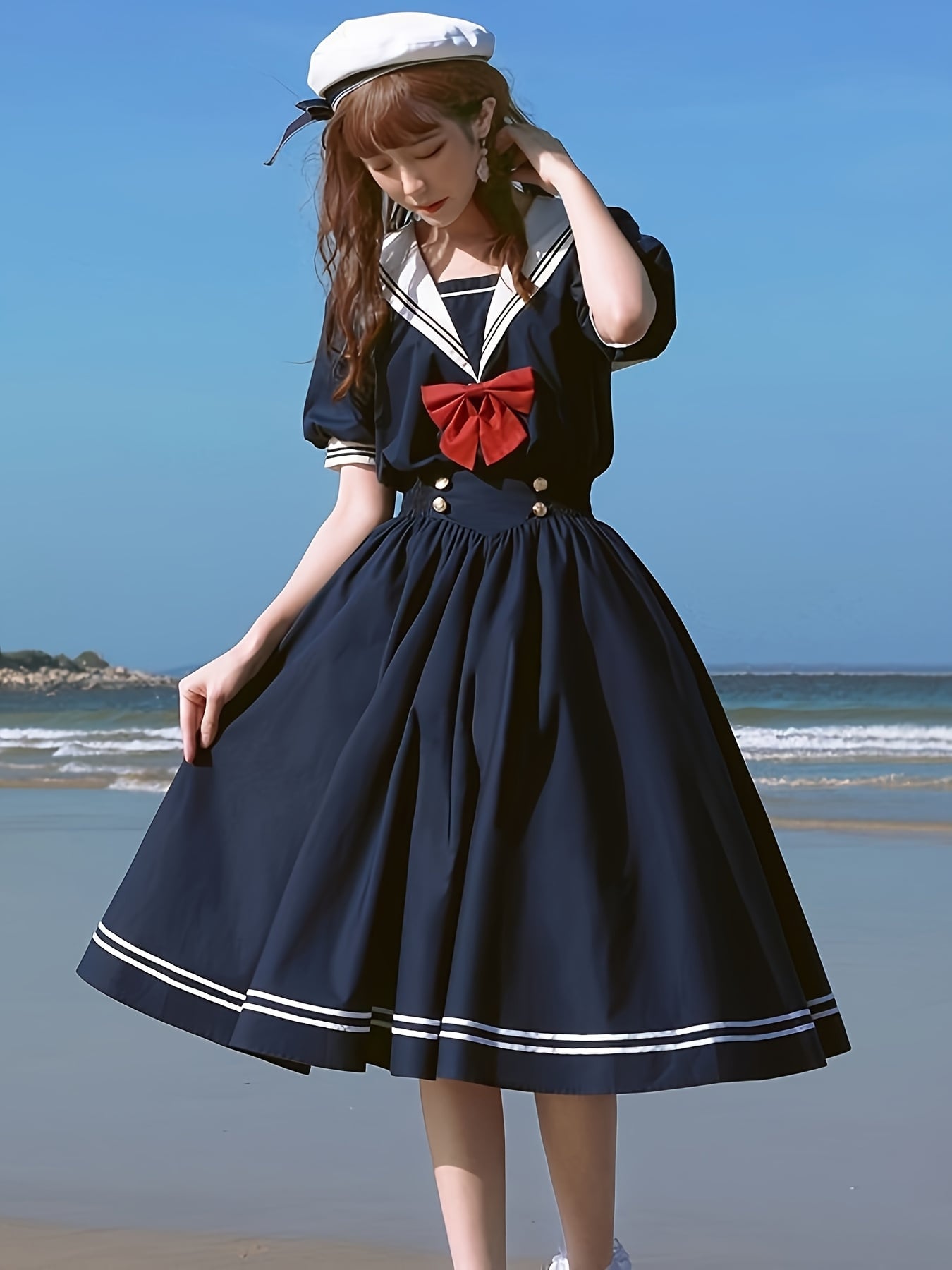 【全店30％OFF引き換え証があり】【セーラー服風】 衣装 レディース 米国海兵隊員 半袖 膝丈 シュロの葉付き添い人 米国海軍 紺色 ユニフォーム風 ワンピ 襟付き添い人 ミモレ丈 夏 春 半袖衣装 Ａ生産ライン 心地よい 成年者好いたらしい 今めかしい 酉の方角目じるし 着痩せ