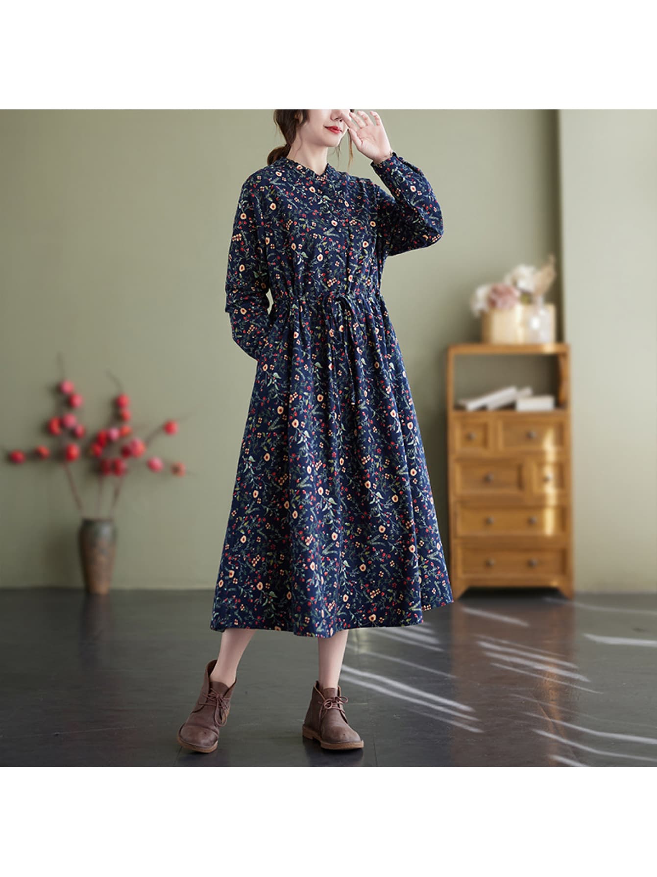 【全店30％OFFクーポンがあり】【小花柄】 ワンピース ロング レディース 長袖 マキシ丈 レトロ 民族風 エスニック 総柄 スタンドカラー Aライン ロングワンピース 膝下 シャツワンピース ボタニカル柄 文芸風 森ガール 40代 50代 体型カ｜大森麗萱