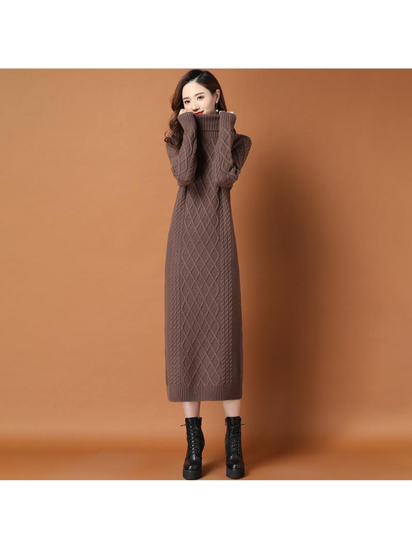 【全店30%OFFクーポンがあり】【小顔効果】ニットワンピース レディース タートルネック ロング ケーブル編み ダイヤ柄 ハイネック 厚手 暖かい ゆったり 体型カバー 着痩せ 膝下 マキシ丈 Aライン ワンピース セーター ニット チュニック 大|大森麗萱