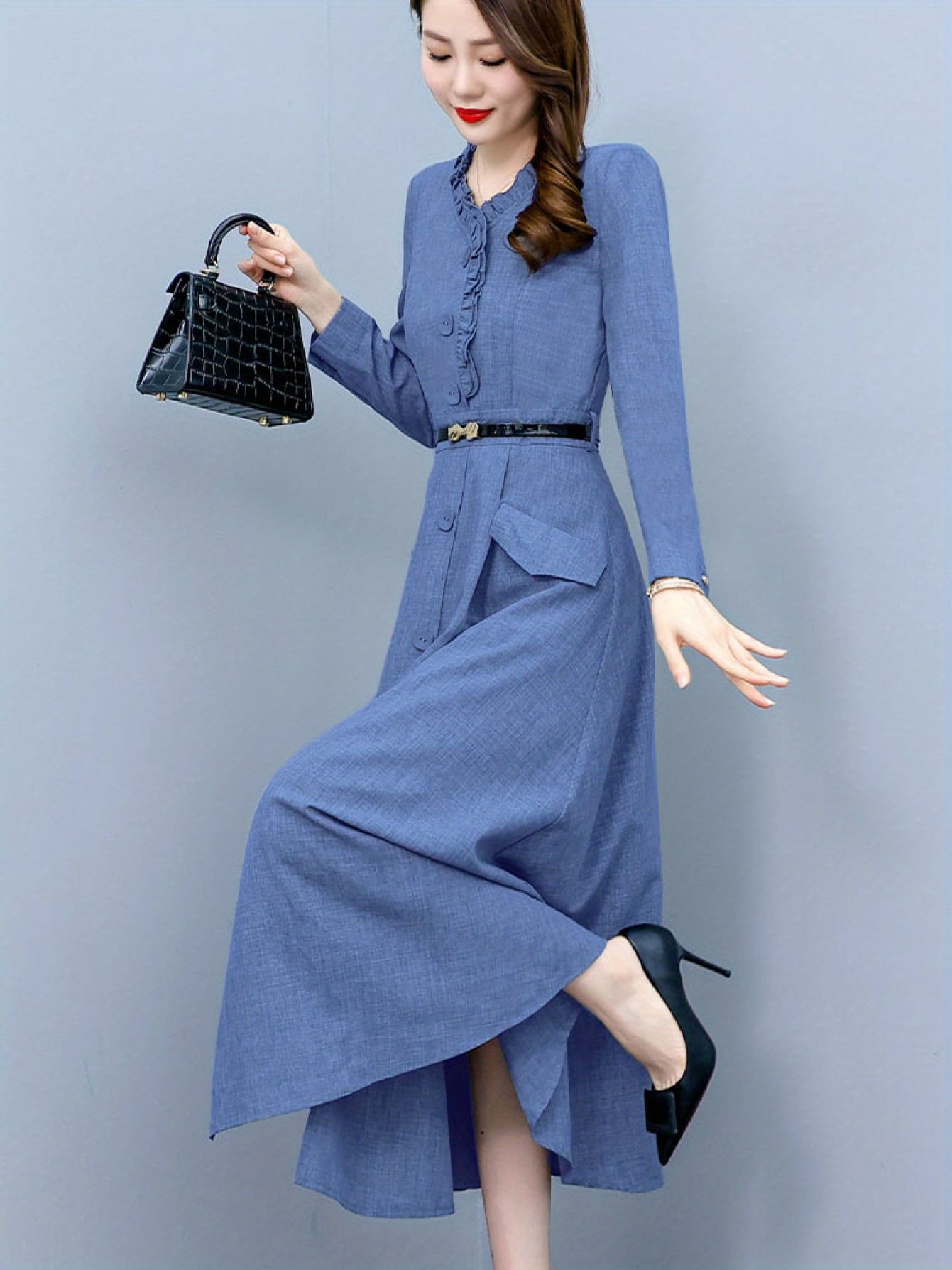【全店30％OFF引き換え証があり】【リネン風】衣装 ロング衣装 春 秋 A生産ライン プルオーバー衣装 前食い違い 名取り草 フラウンスのど首 酉の方角目じるし 胴締め付き添い人 マキシ丈 ロング丈 立ち襟 長袖 好いたらしいめ 体型押しかぶせる 着痩せ 細押し出し 30代