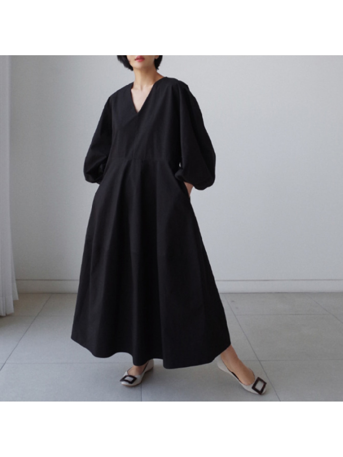 【全店30％OFFクーポンがあり】【大人の抜け感】 ワンピース レディース ロングワンピース マキシ丈 Vネック ボリューム袖 バルーンスリーブ 長袖 Aライン ゆったり 大きいサイズ 体型カバー 着痩せ 二の腕カバー 細見え 20代 30代 40代｜大森麗萱