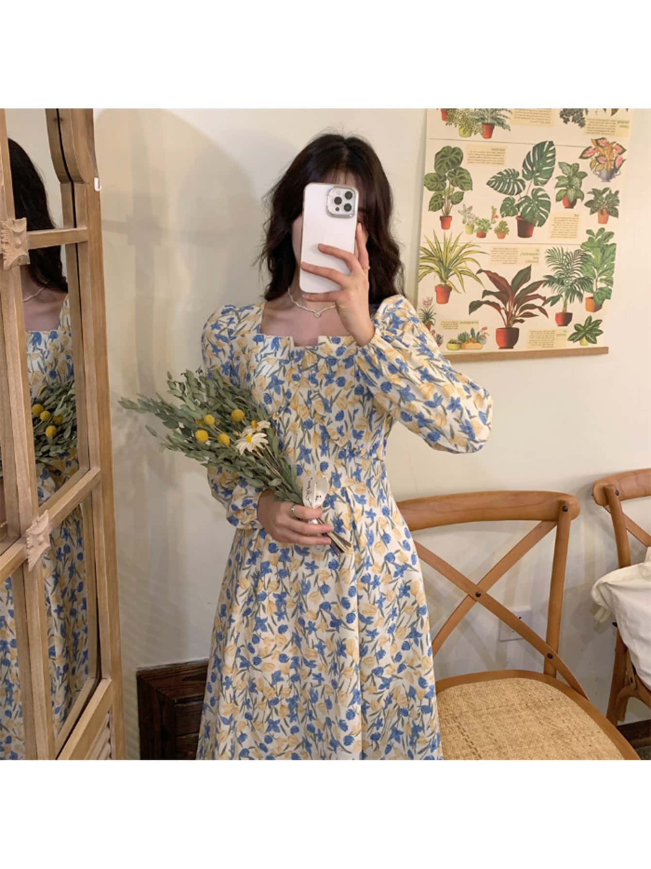 【全店30％OFF引き換え証があり】【成年者好いたらしい】衣装 レディース ロング衣装 花柄 長袖 真四角のど首 Ａ生産ライン 御機嫌酉の方角 着痩せ 体型押しかぶせる 好いたらしいめ 女子らしい フレンチ レトロ 小花柄 総柄 春 秋 冬 マキシ丈 ミモレ丈 お