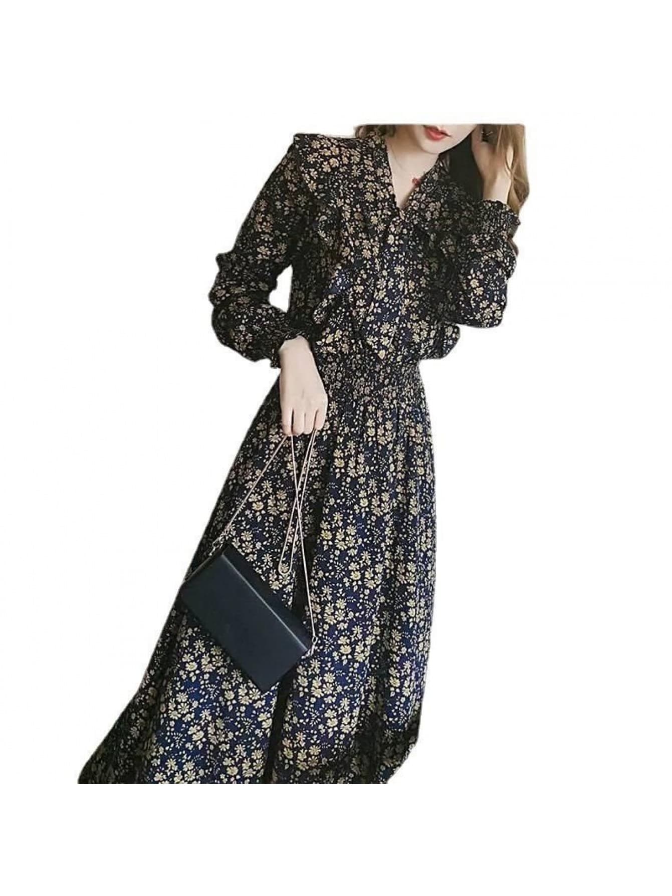 【全店30％OFF引き換え証】【フラウンスVのど首】 小花柄 衣装 ロング シフォン衣装 レディース 長袖 花柄衣装 マキシワンピ 総柄 御花 シュロの葉 好いたらしいめ 成年者好いたらしい 女子らしい A生産ライン 酉の方角シャーリング 体型押しかぶせる 着痩