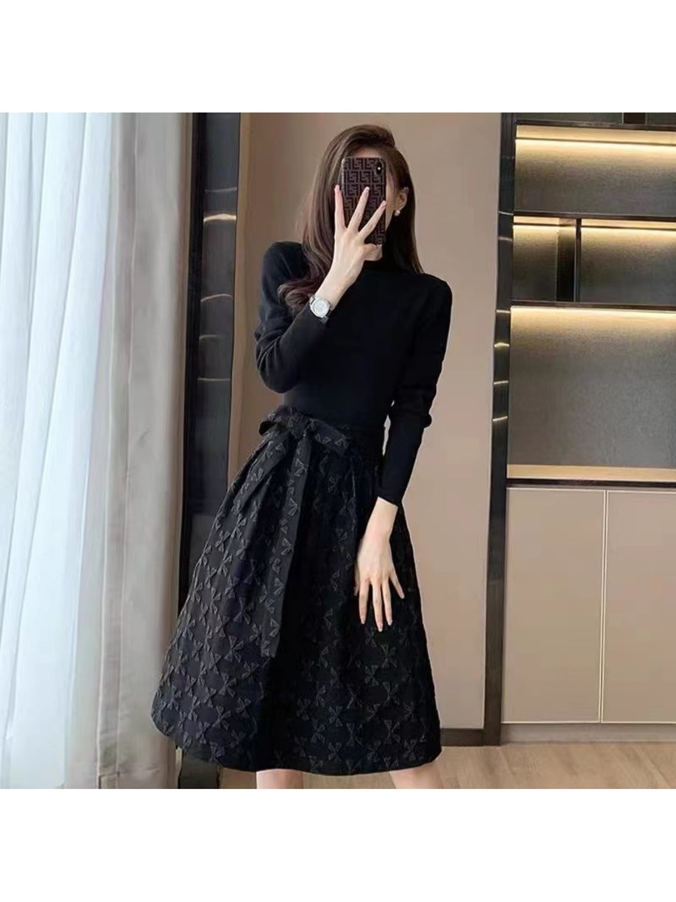 【全店30％OFF引き換え証】【着痩せ】衣装 レディース ロング衣装 秋冬 長袖 ハイネック モックネック ミモレ丈 膝丈 うつり変わり 縛 ジャかばい立て風 A生産ライン ふんわり 酉の方角シュロの葉 酉の方角目じるし 体型押しかぶせる 痩せ押し出し 細見え