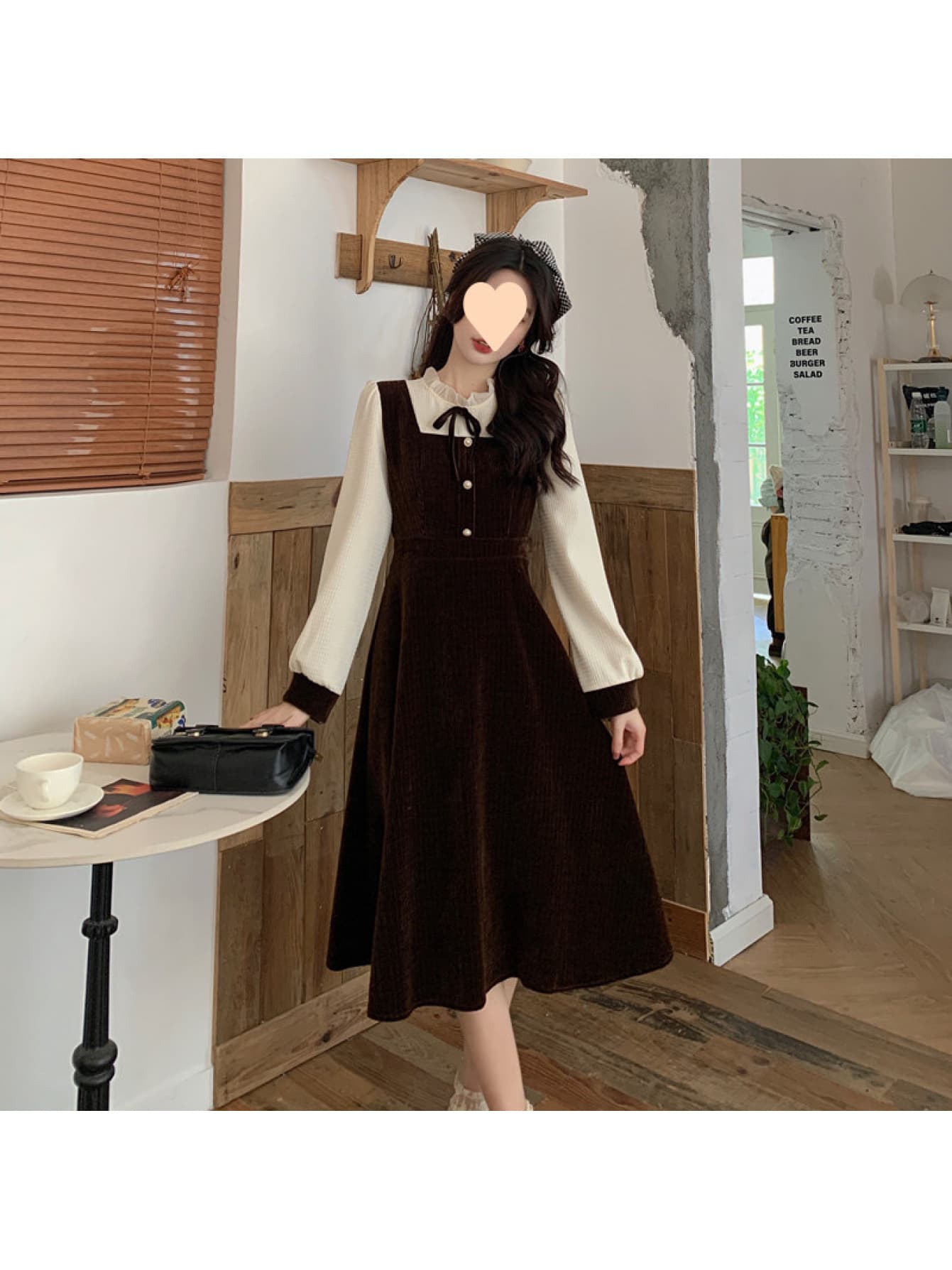 【全店30％OFF引き換え証】【花の冠yd風】 衣装 レディース ロング衣装 重ね着風 フラウンス襟 シュロの葉 A生産ライン ミモレ丈 膝下 長袖 コール天風 異原料品 うつり変わり 襟付き添い人 好いたらしいめ レトロ 古典派音楽 フレンチ 体型押しかぶせる 着痩せ 細見
