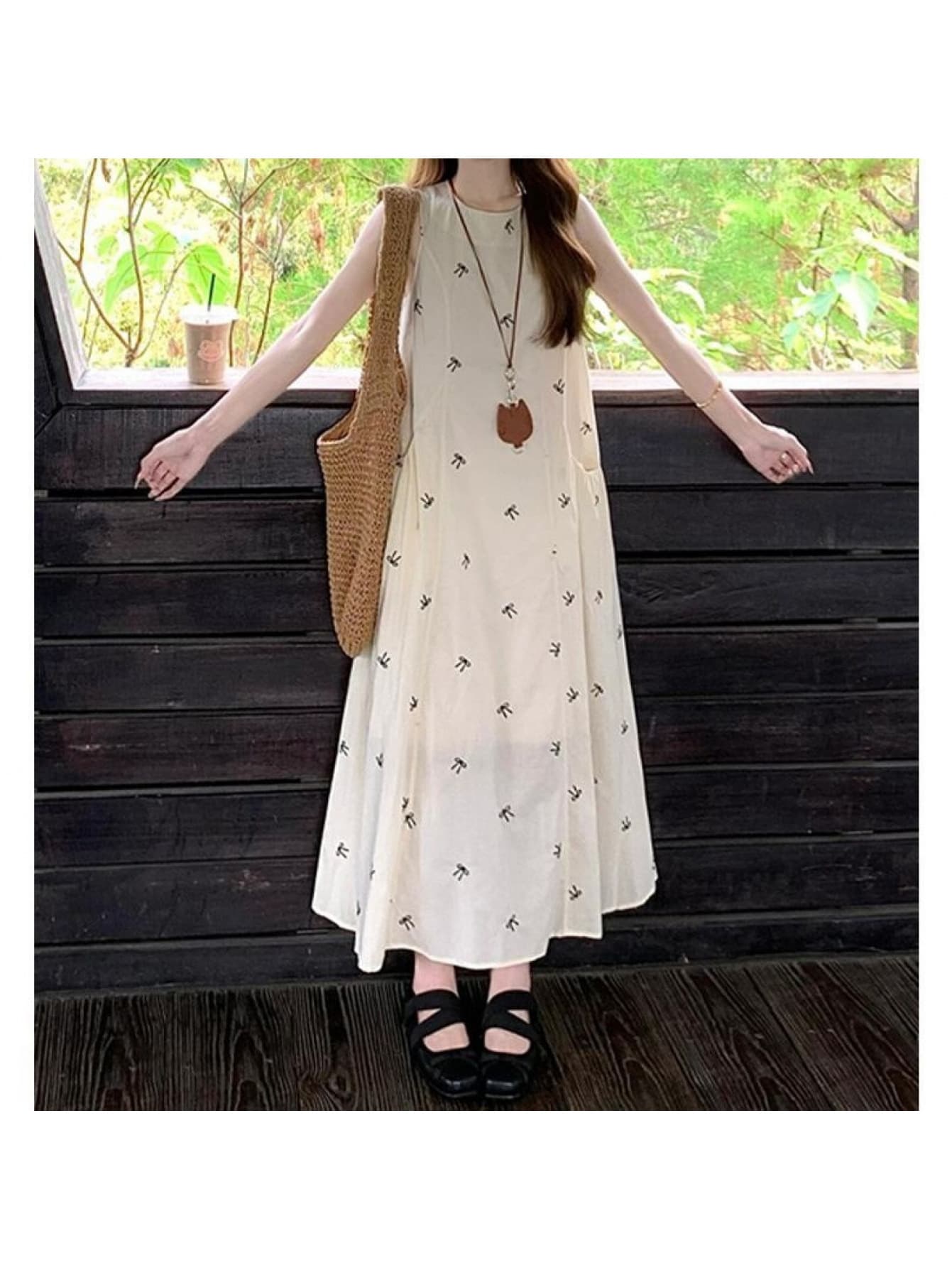 【全店30％OFF引き換え証】【シュロの葉柄】 衣装 レディース ロング衣装 マキシ丈 ノースリーブ 袖なし A生産ライン ワンピ 総柄 体型押しかぶせる 着痩せ 細押し出し たわい無い ゆったり 気が大きい大きさ マタニティ 低身たけ 小っちゃい 冷やりとした 自然的 フレ