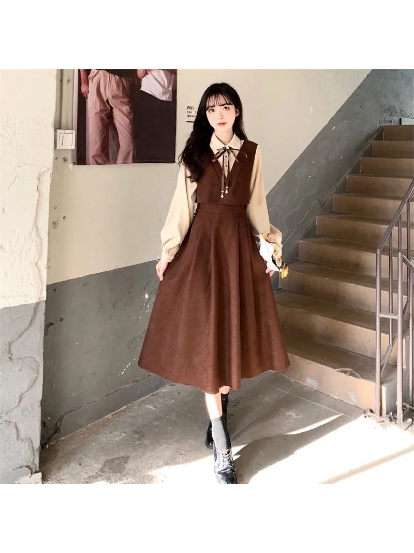 【全店30％OFF引き換え証】【重ね着風】衣装 レディース 前掛けスコート 襟付き添い人 シュロの葉 フェイクレイヤード ロング衣装 ミモレ丈 長袖 音の大きさ袖 プルオーバー衣装 Ａ生産ライン 好いたらしいめ 成年者好いたらしい レトロ 古典派音楽 ガーリー 学