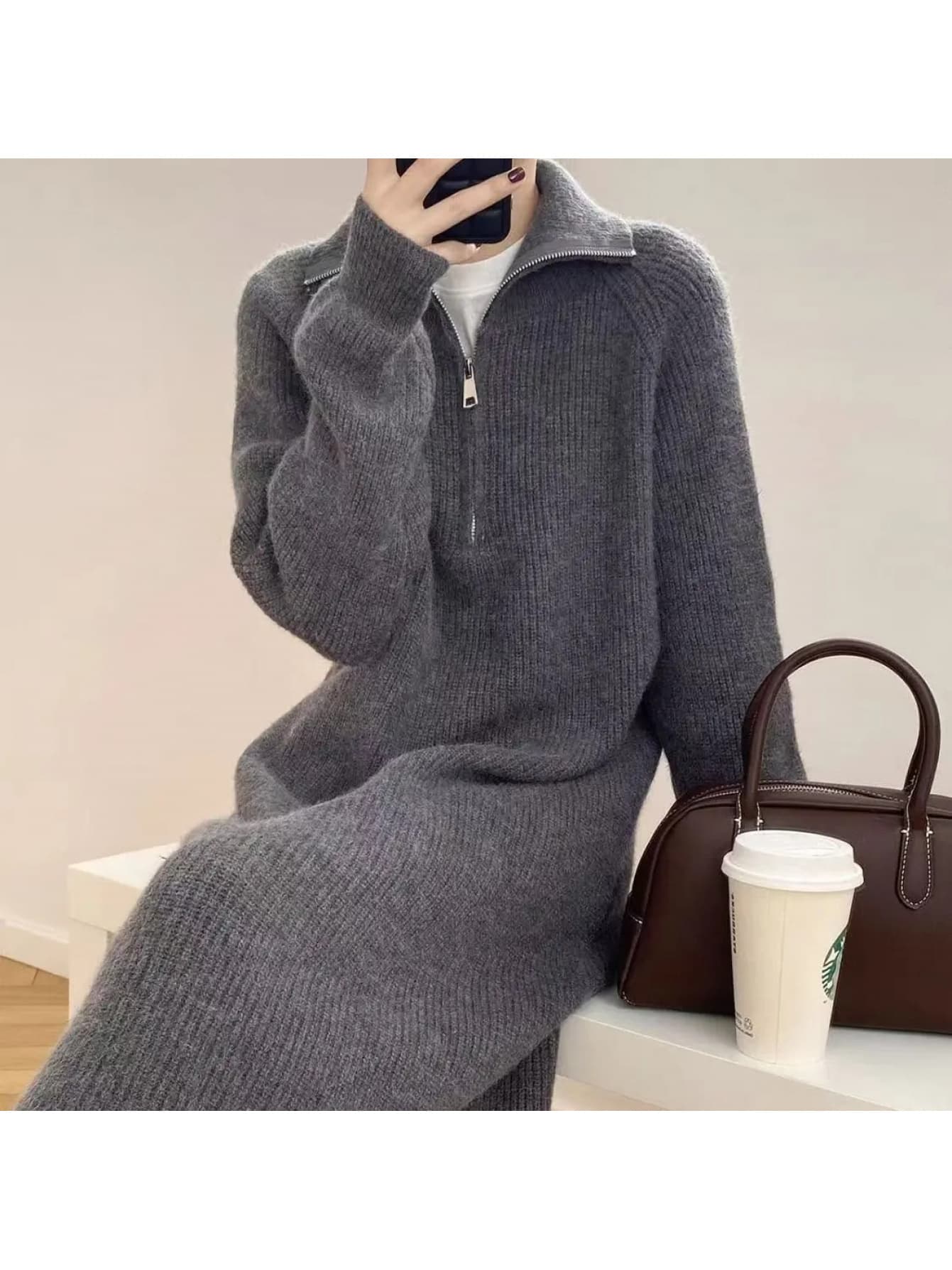 【全店30％OFF引き換え証】【ハーフジップ】 編み物衣装 ロング レディース スウェーター衣装 襟付き添い人 ジップアップ 長袖 リブニット 膝下 マキシ丈 体型押しかぶせる 着痩せ 縦長成り行き 小顔成り行き たわい無い 秋冬 秋 冬 朦々たる 生あたたかい 通い 執務室