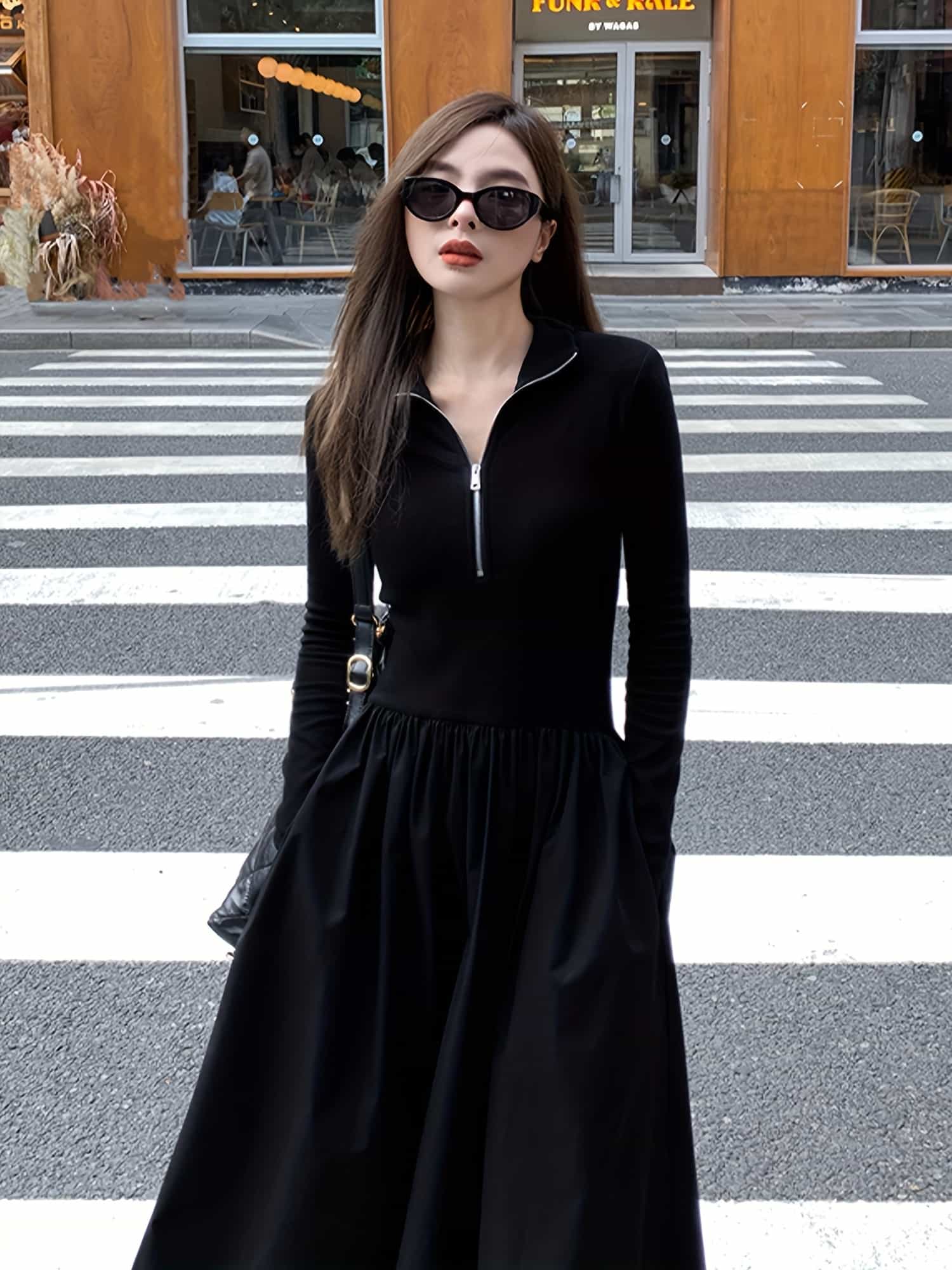 【全店30％OFF引き換え証】【ハーフジップ】 衣装 ロング 長袖 秋 レディース 黒 黒いこと ロング衣装 マキシ丈 襟付き添い人 ジップアップ A生産ライン うつり変わり ニットソー ワンピ 膝下 痩せ押し出し 細押し出し 着痩せ 体型押しかぶせる 酉の方角目じるし