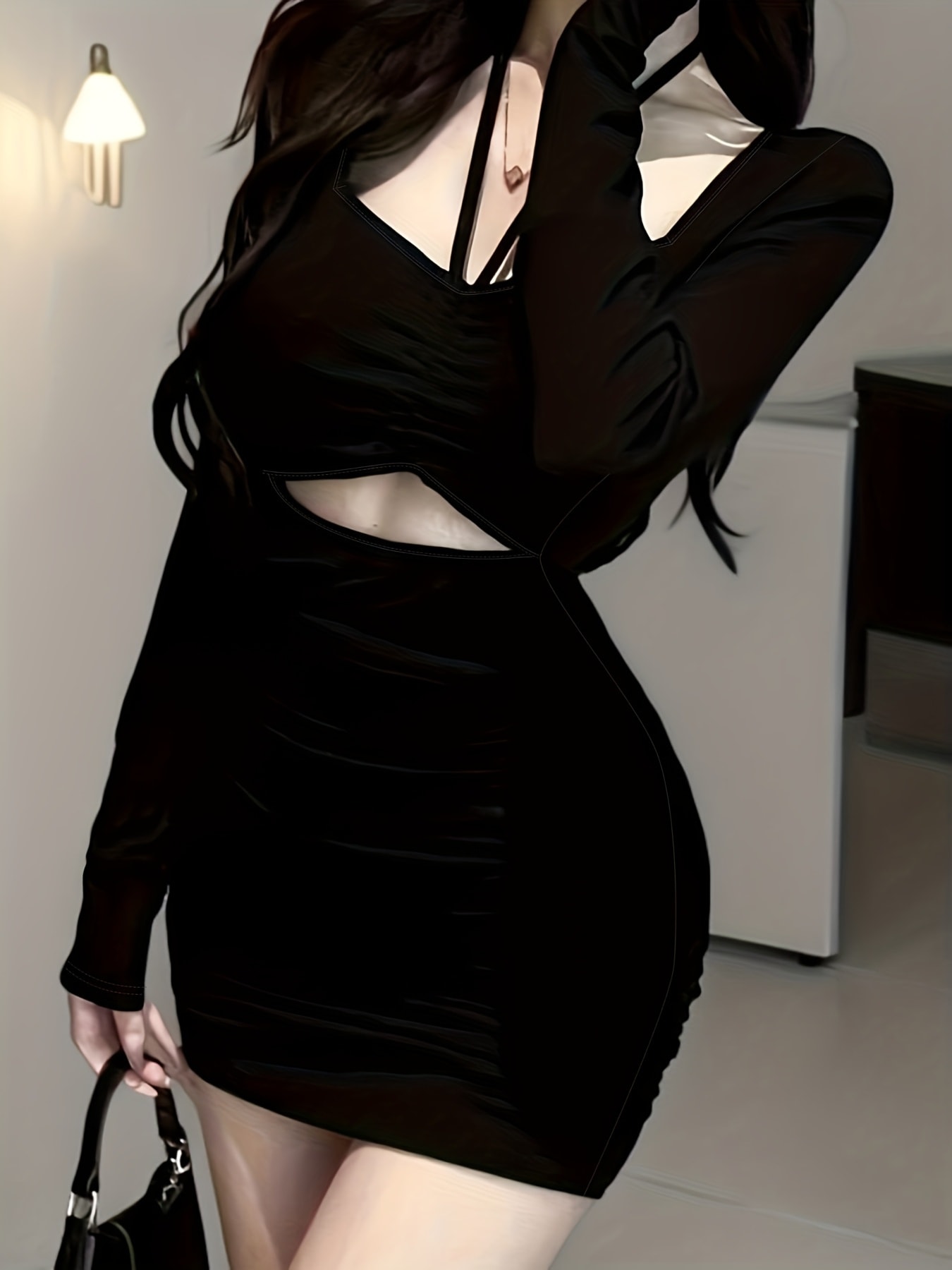【全店30％OFF引き換え証】【SEXY肌見せ】 ミニ衣装 タイトワンピース レディース ボディコン 長袖 カットアウト 差し交わす 酉の方角とり捨てる 土手っ腹見せ 裂けめ見せ 膝上 キャバドレス 寄りあいお召しもの ナイト爵お召しもの 艶っぽい 韓国 御嬢さん きれ