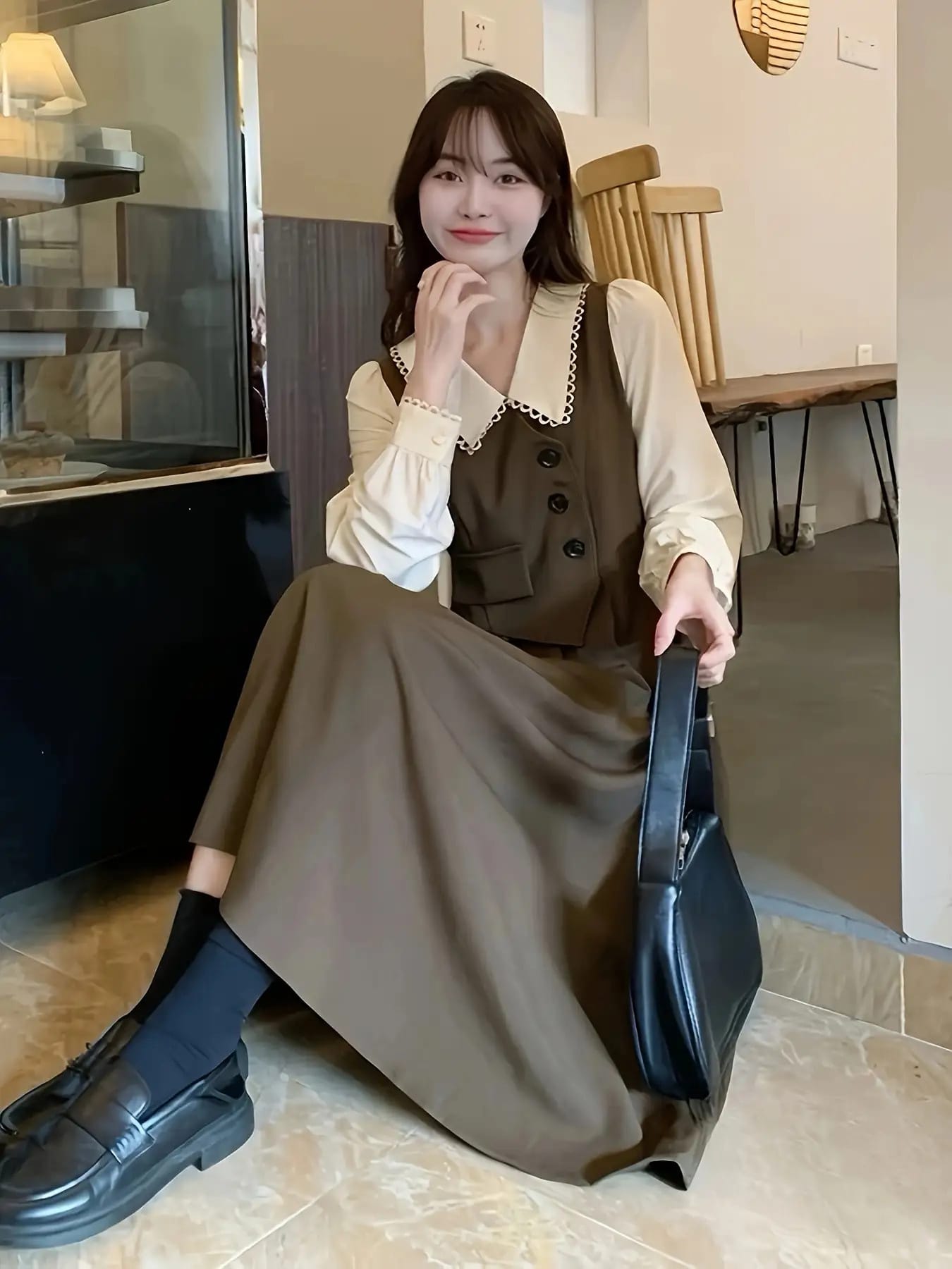 【全店30％OFF引き換え証】【成年者好いたらしい】衣装 レディース ロング丈 セットアップ? スピード競技襟 ビックカラー 襟付き添い人 長袖 ロング衣装 マキシ A生産ライン 重ね着風 縛 うつり変わり 好いたらしいめ 心地よい 事務服 体型押しかぶせる 着痩せ 20代