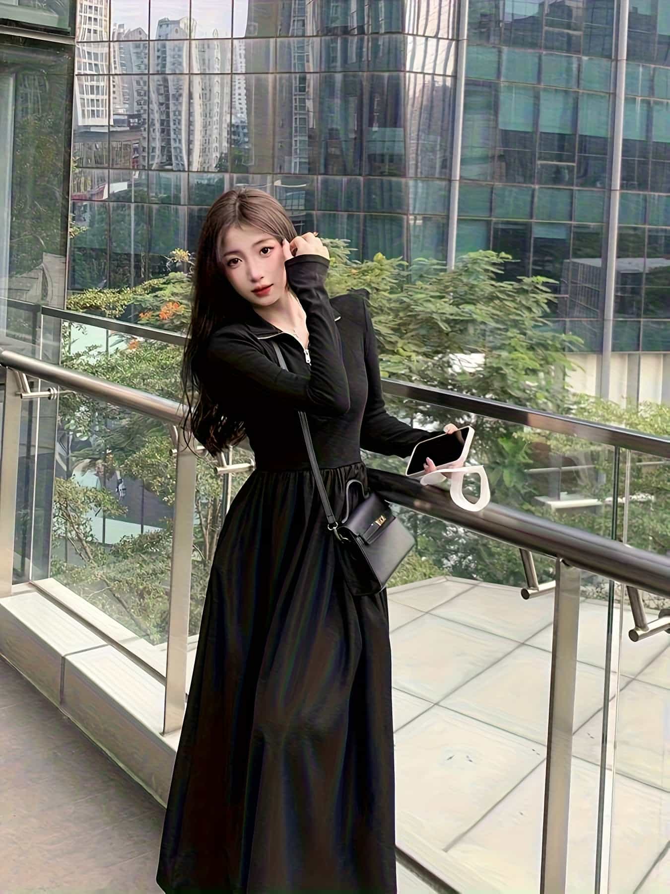 【全店30％OFF引き換え証】【ハーフジップ】衣装 レディース ロング 長袖 A生産ライン 黒 黒いこと ワンピ マキシ丈 向こう正面チャック 襟付き添い人 韓国 流行り物 流行り物系 好いたらしいめ 心地よい 分かりやすい 無地 通い 執務室 OL お呼ばれ