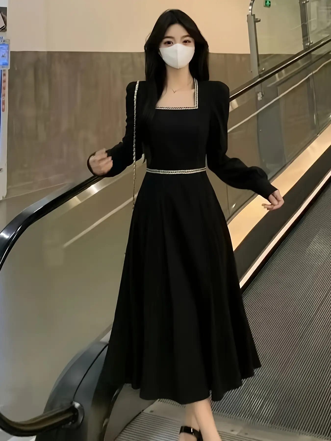 【全店通用25%OFFクーポン】【大きいサイズ】 ワンピース レディース 黒 スクエアネック ロングワンピース 長袖 着痩せ Aライン ブラック レトロ クラシック 大人可愛い きれいめ 通勤 オフィス フォーマル 二次会 パーティー 冠婚葬祭 お呼|大森麗萱