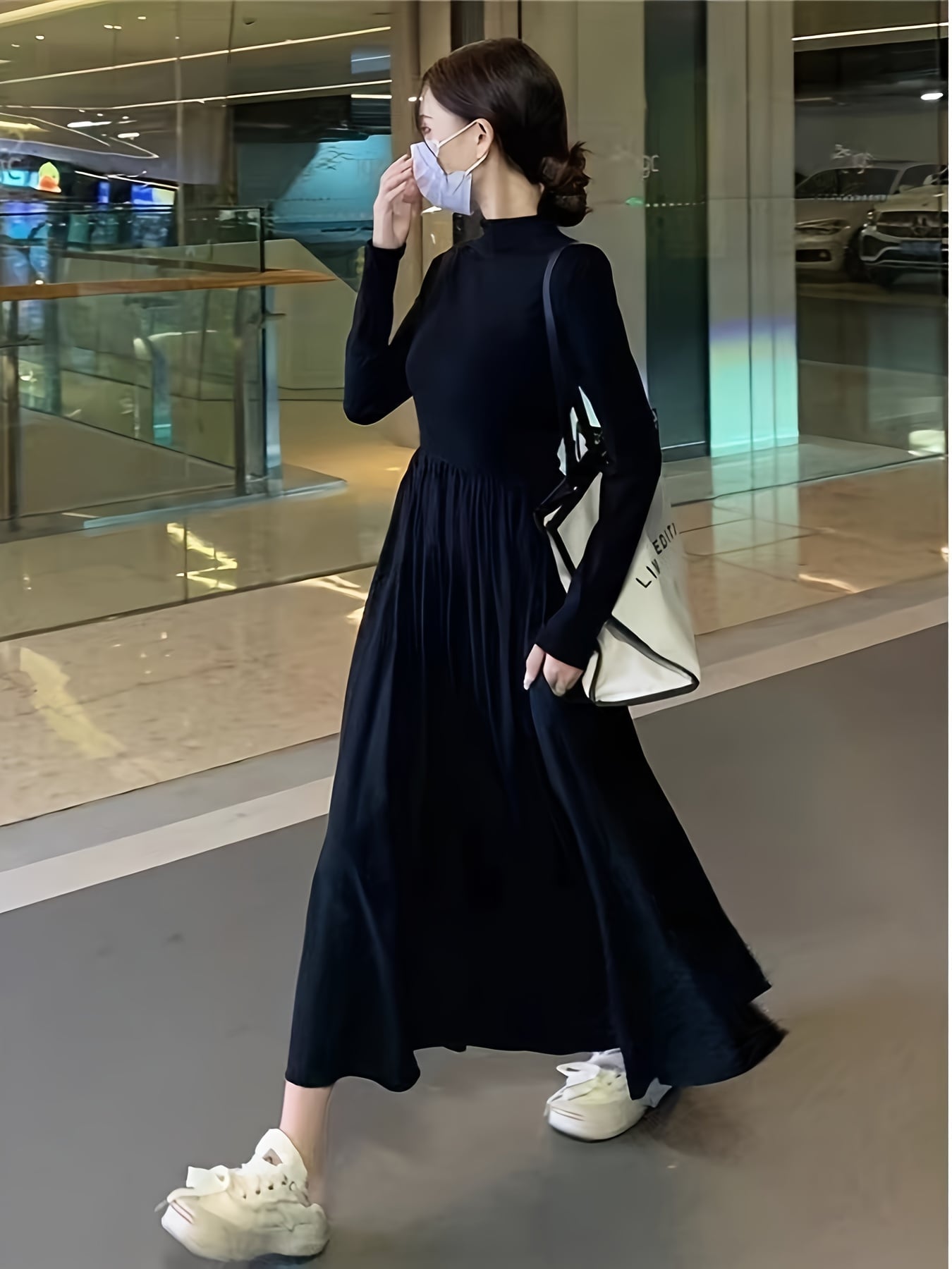 【全店30％OFF引き換え証】【着痩せ影ぼうし】 衣装 レディース ロング衣装 マキシ丈 A生産ライン 長袖 ハイネック ボトルネック ワンピ 好いたらしいめ 成年者好いたらしい 体型押しかぶせる 着痩せ 細押し出し ギャザー 酉の方角うつり変わり 衣嚢付 無地 カ