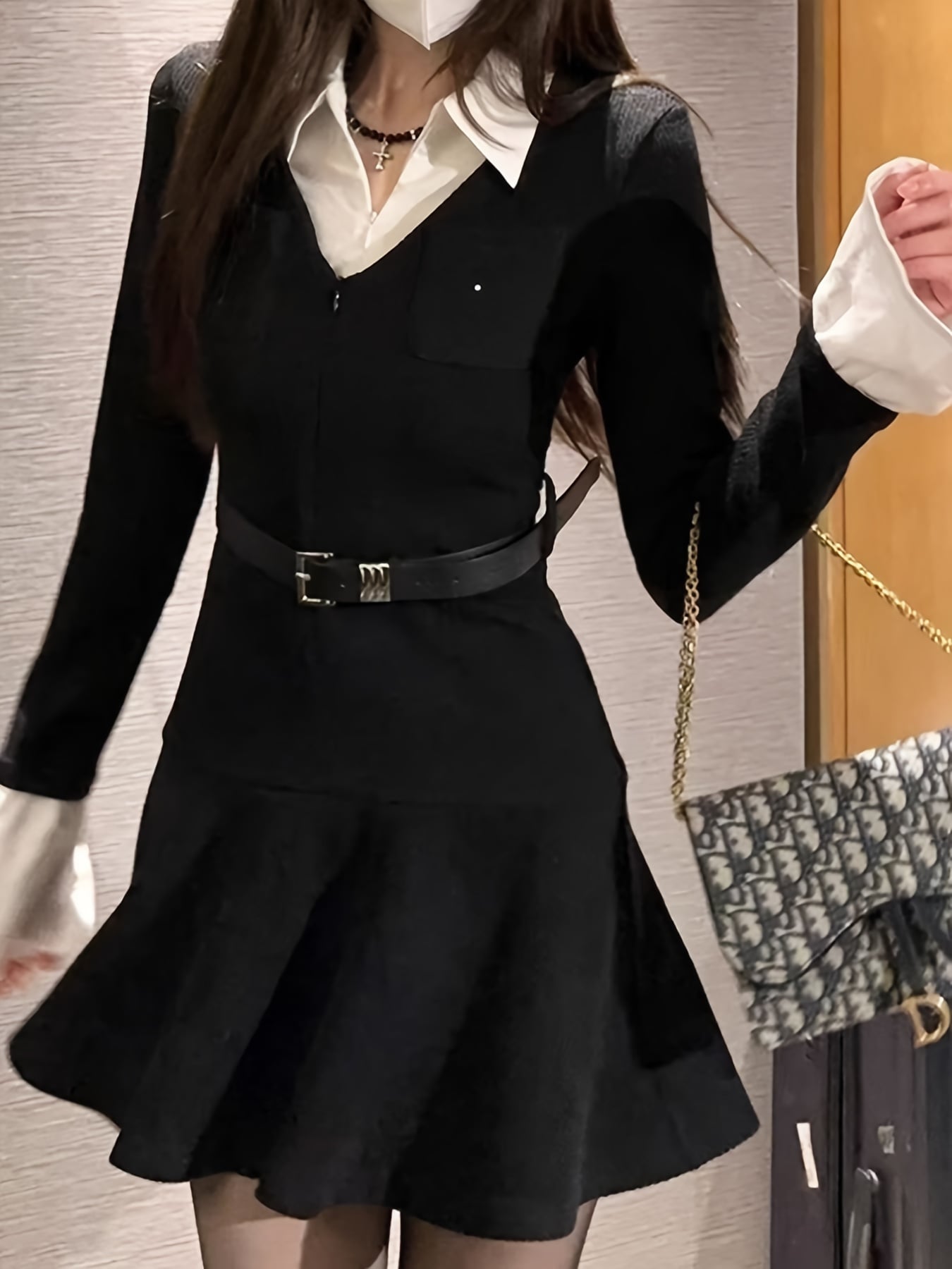 【全店30％OFF引き換え証】【重ね着風】衣装 レディース フェイクレイヤード 襟付き添い人 プルオーバー風 縛衣装 A生産ライン 裾うつり変わり 長袖 胴締め付き添い人 成年者好いたらしい キレイめ 体型押しかぶせる 着痩せ 細押し出し 脚長成り行き 酉の方角目じるし 執務室