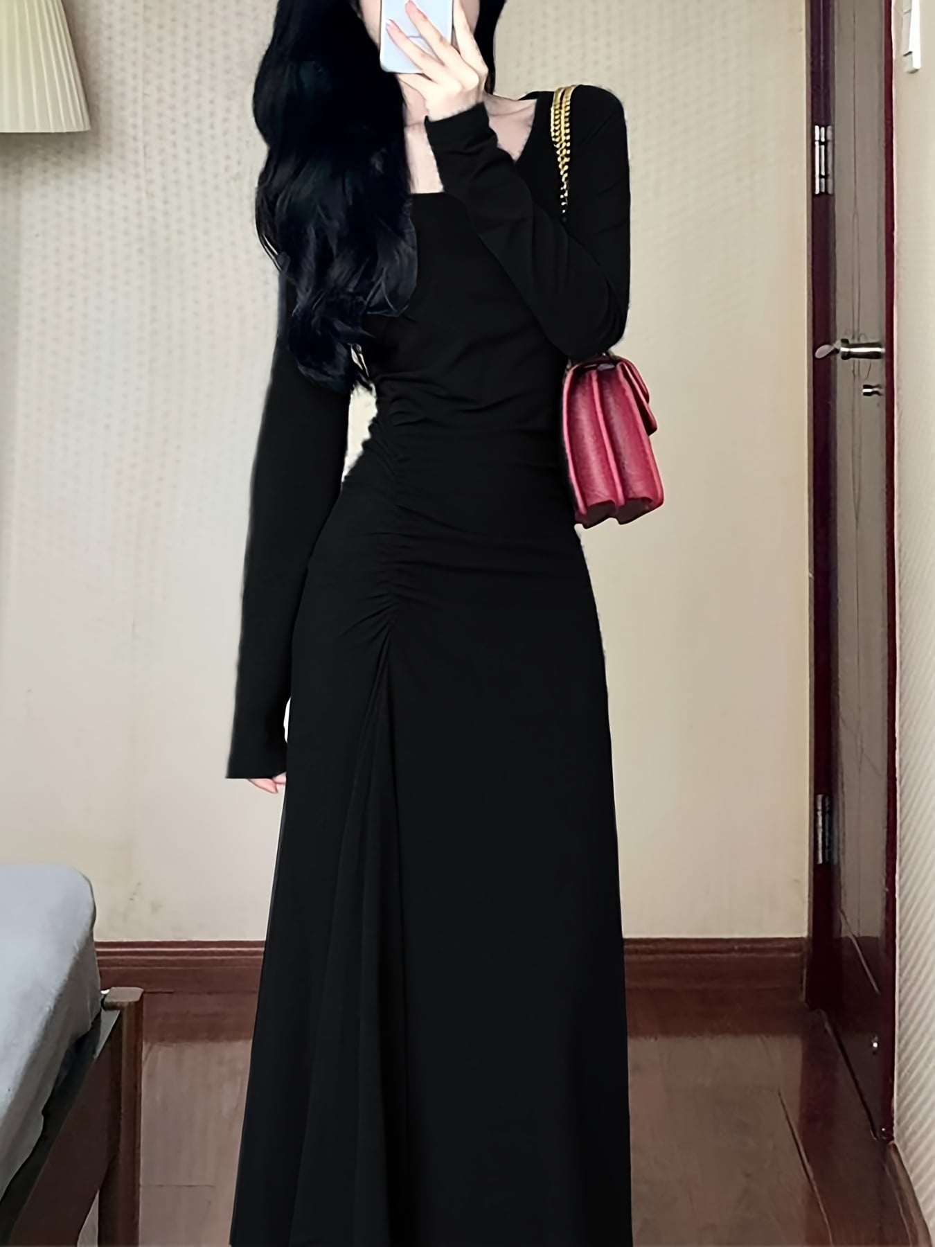 【全店30％OFF引き換え証】【美影ぼうし】ロング衣装 長袖 タイトワンピース シャーリング ギャザー レディース マキシワンピ 着痩せ 細押し出し 体型押しかぶせる 黒 黒いこと 無地 分かりやすい 秋 冬 春 か細い 御居処生産ライン 成年者 好いたらしいめ セクシ