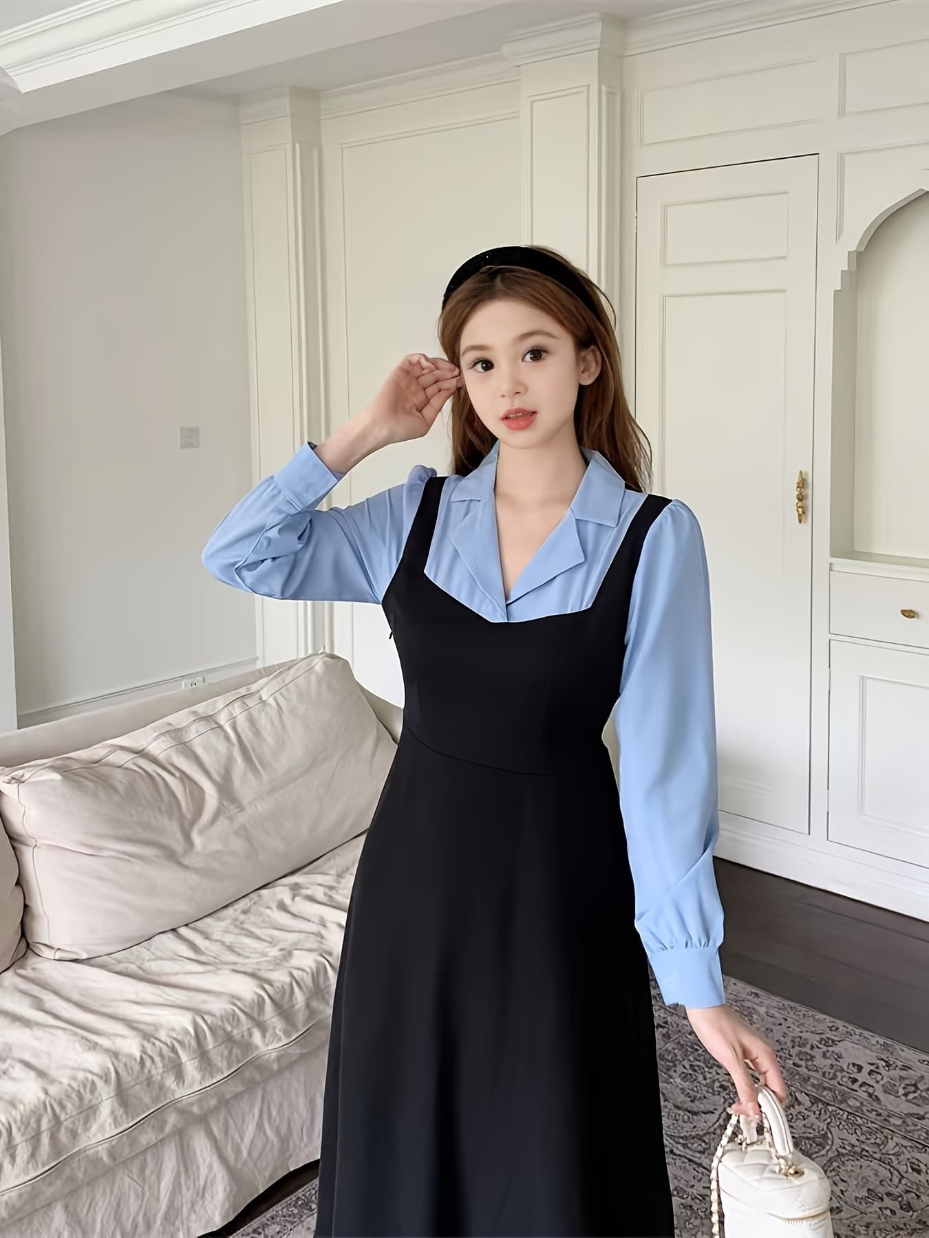 【全店30％OFF引き換え証】【花の冠yd風】衣装 レディース 好いたらしいめ ロング衣装 襟付き添い人 重ね着風 フェイクレイヤード うつり変わり 長袖 ミモレ丈 A生産ライン 膝下 ワンピ お召しもの 心地よい レトロ 成年者好いたらしい 体型押しかぶせる 着痩せ 細見え