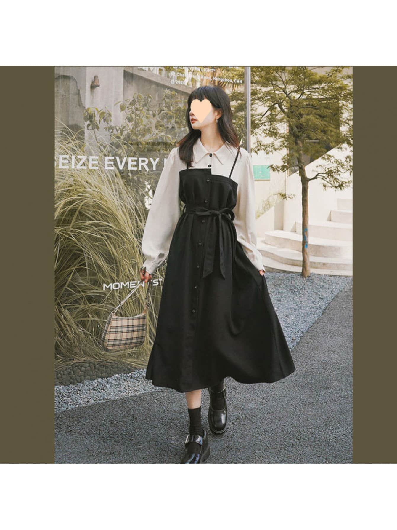 【全店通用25％OFFクーポン】【ドッキング】ワンピース レディース シャツワンピース 重ね着風 ロングワンピース 襟付き 長袖 切替 バイカラー 膝下丈 ミモレ丈 ウエストマーク リボン 前開き Aライン 体型カバー 着痩せ 細見え 脚長 20代｜大森麗萱