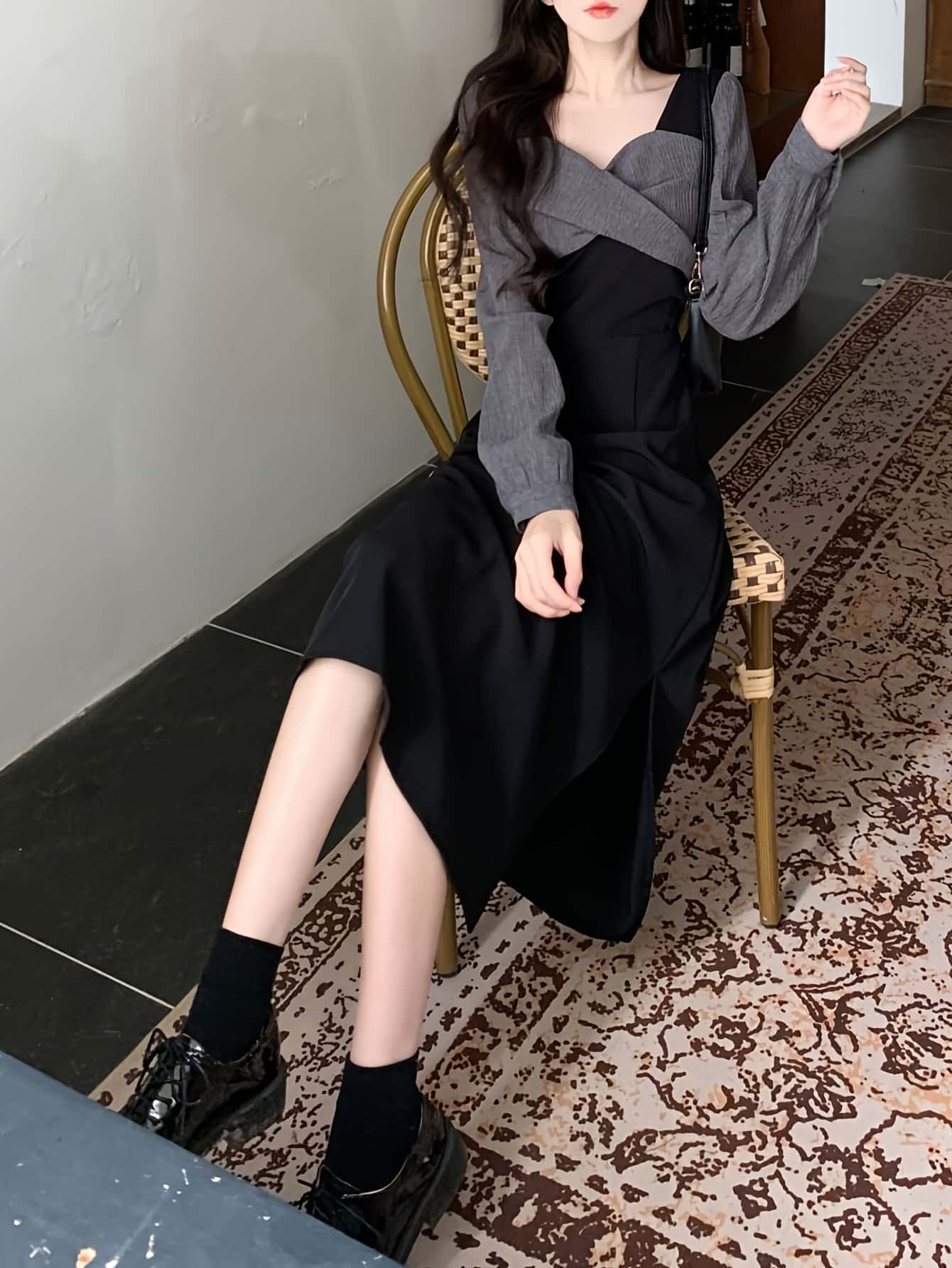 【全店通用25%OFFクーポン】【ドッキング】ワンピース ロングワンピース レディース 配色 切り替え バイカラー 長袖 カシュクール 異素材 ロング丈 マキシ丈 スリット タイト スリム ウエストマーク 着痩せ 体型カバー 細見え きれいめ 大人可|大森麗萱