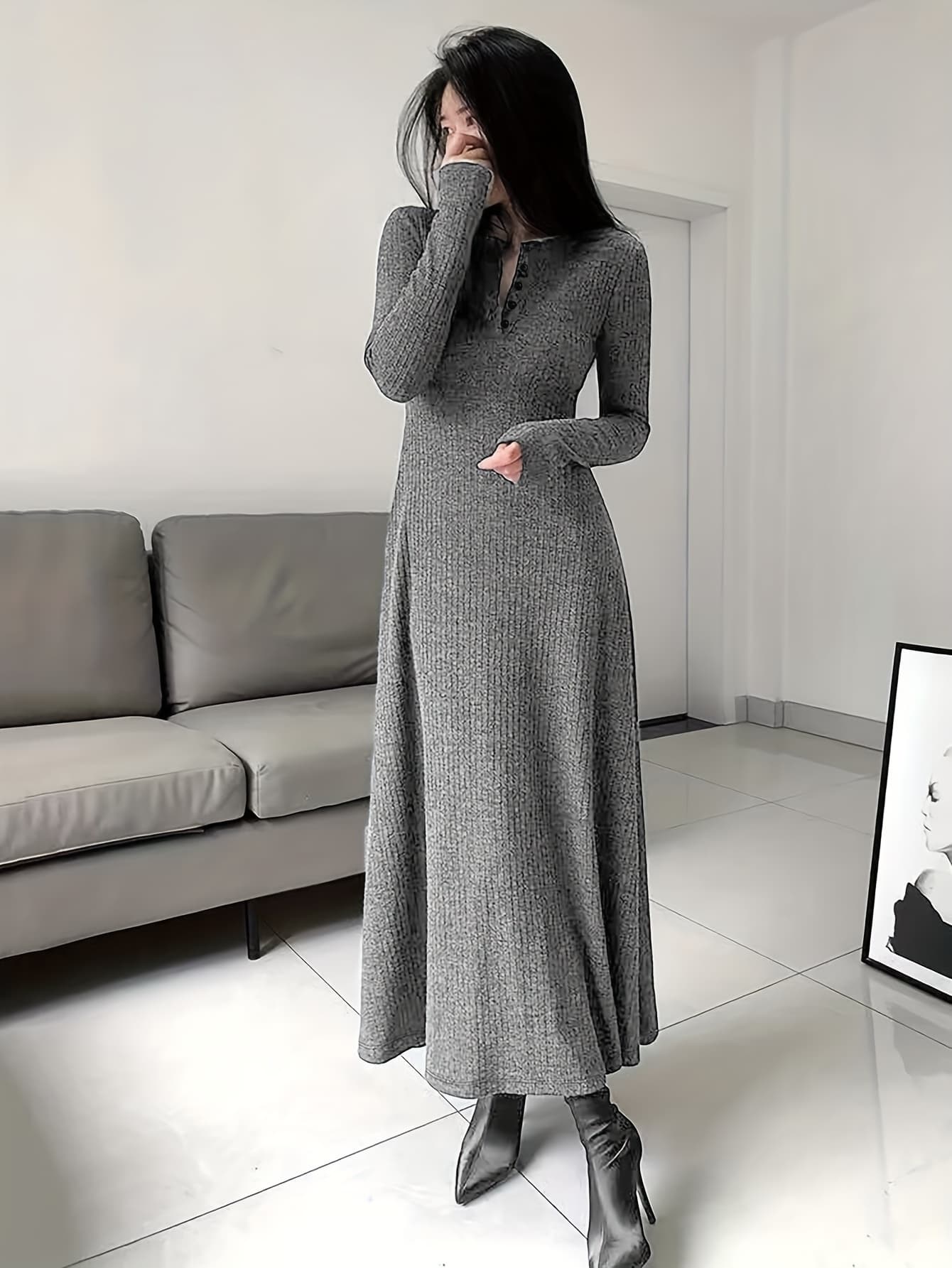 【全店30％OFF引き換え証】【生あたたかい裏起毛】編み物衣装 ロング レディース ヘンリーのど首 リブニット 衣装 長袖 マキシ丈 A生産ライン きつい か細い 膝下 ひざ下 ワンピ 上衣 無地 伸縮 伸ばすこと 体型押しかぶせる 着痩せ 細押し出し 防
