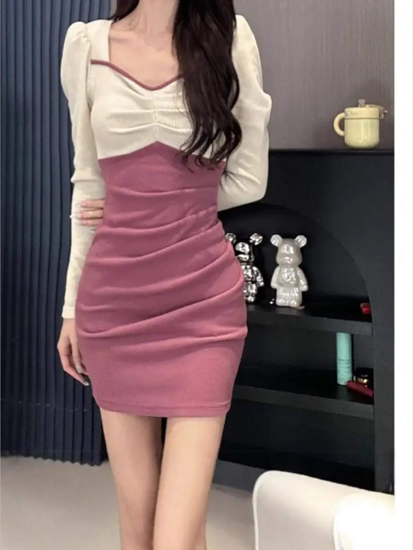 【全店30％OFF引き換え証】【花の冠yd風】衣装 きつい ミニ 膝上 長袖 うつり変わり バイ色合い ギャザー シャーリング ミニワンピ 重ね着風 音の大きさ袖 真四角のど首 痩せ押し出し 細押し出し 着痩せ 伸縮性 春 秋 冬 成年者好いたらしい 好いたらしいめ セクシ