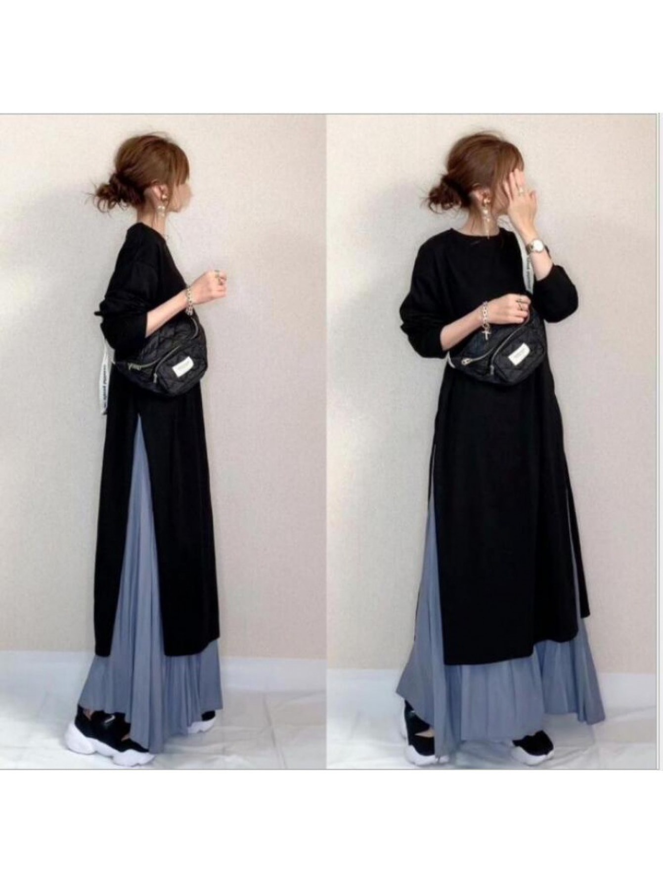 【全店通用25%OFFクーポン】【2点セット】セットアップ ワンピース レディース ロングワンピース レイヤード サイドスリット プリーツスカート ロング マキシ丈 チュニック クルーネック 長袖 無地 ゆったり 体型カバー 着痩せ 細見え 楽ちん|大森麗萱