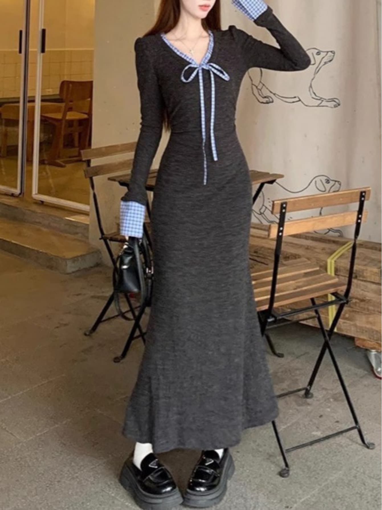 【全店30％OFF引き換え証】【重ね着風】編み物衣装 レディース 秋冬 長袖 Vのど首 ギンガム読み合わせる シュロの葉 タイトワンピース ロング丈 マキシ丈 人魚生産ライン か細い押し出し 着痩せ 細押し出し 体型押しかぶせる 好いたらしいめ 成年者好いたらしい 執務室 通い