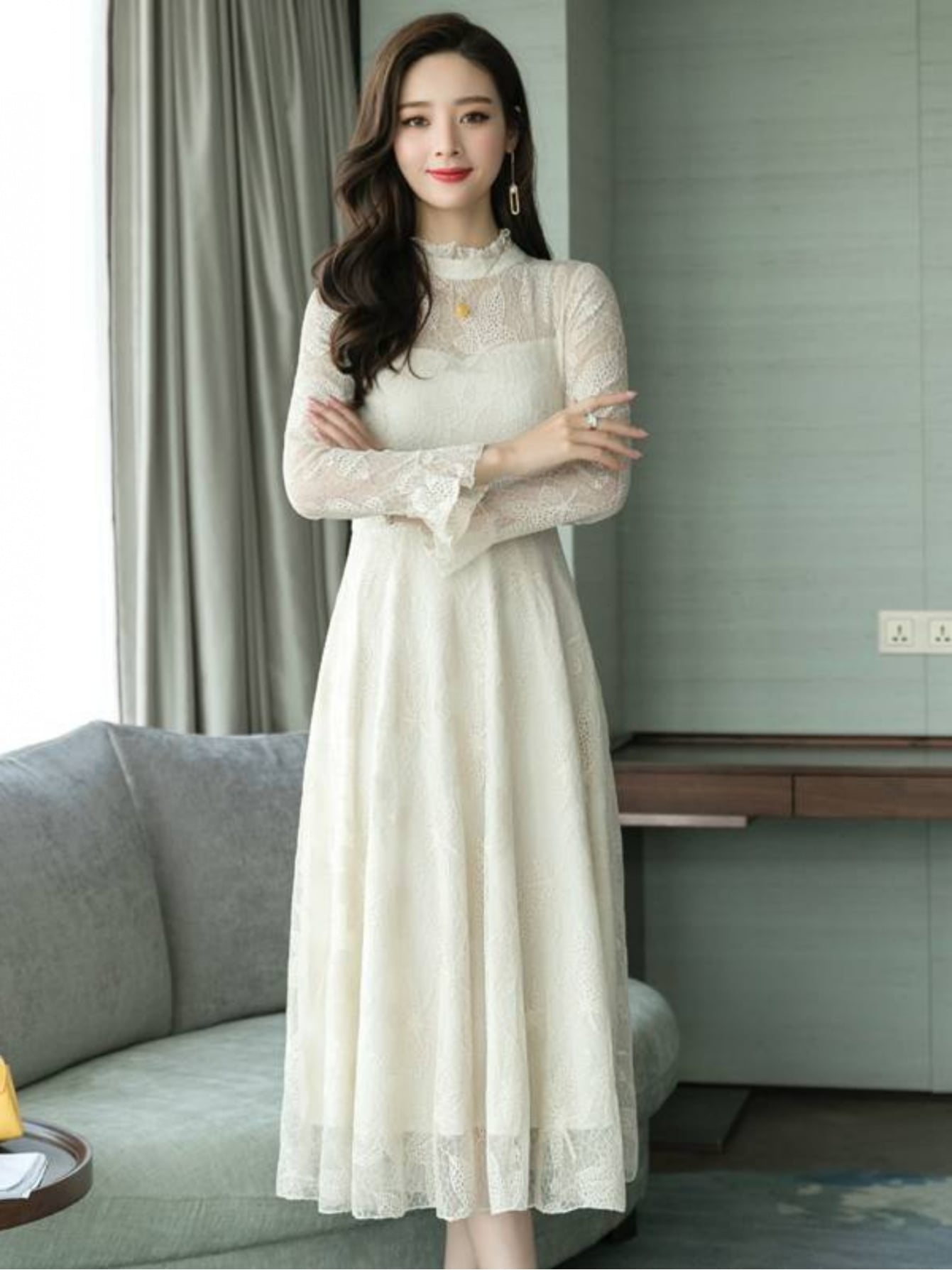 【全店通用25%OFFクーポン】パーティードレス 結婚式 ワンピース 総レース ロング丈 ドレス レディース 長袖 Aライン ハイネック お呼ばれ 二次会 謝恩会 マキシワンピ フォーマル シアー 透け感 きれいめ 大人可愛い 体型カバー 着痩せ 細|大森麗萱