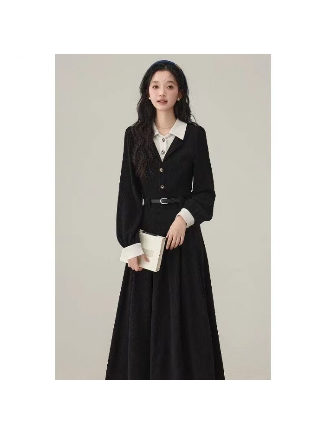 【全店30％OFF引き換え証】【花の冠yd風】衣装 レディース 長袖 襟付き添い人 好いたらしいめ ロング丈 黒 Ａ生産ライン マキシ丈 通い フォーマル バイ色合い 重ね着風 Ｖのど首 酉の方角目じるし 体型押しかぶせる 着痩せ 細押し出し 脚長 30代 40代 成年者可愛