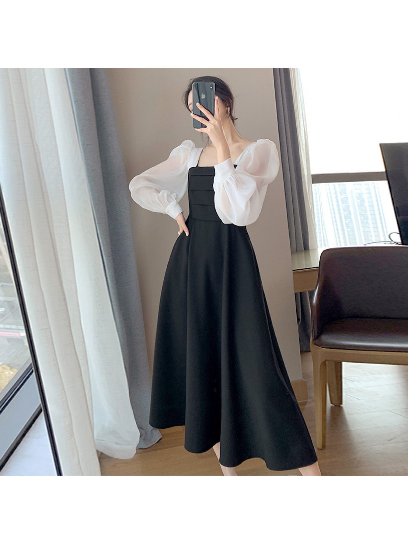 【全店30％OFF引き換え証】【バイ色合い】衣装 ロング衣装 レディース 長袖 真四角のど首 音の大きさ袖 ぽわん袖 シアー 異原料品 うつり変わり 縛 A生産ライン マキシ丈 膝下 御機嫌酉の方角 体型押しかぶせる 着痩せ 細押し出し 脚長 御芽出度 二次
