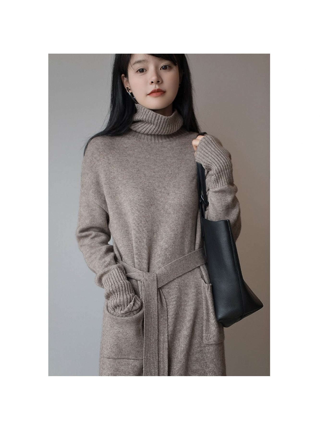 【全店通用25％OFFクーポン】【ウエストリボン】ニットワンピース レディース タートルネック ロングワンピース 長袖 秋 冬 マキシ丈 ハイネック ニットワンピ ワンピース Aライン ゆったり 体型カバー 着痩せ 細見え きれいめ 大人可愛い シン｜大森麗萱