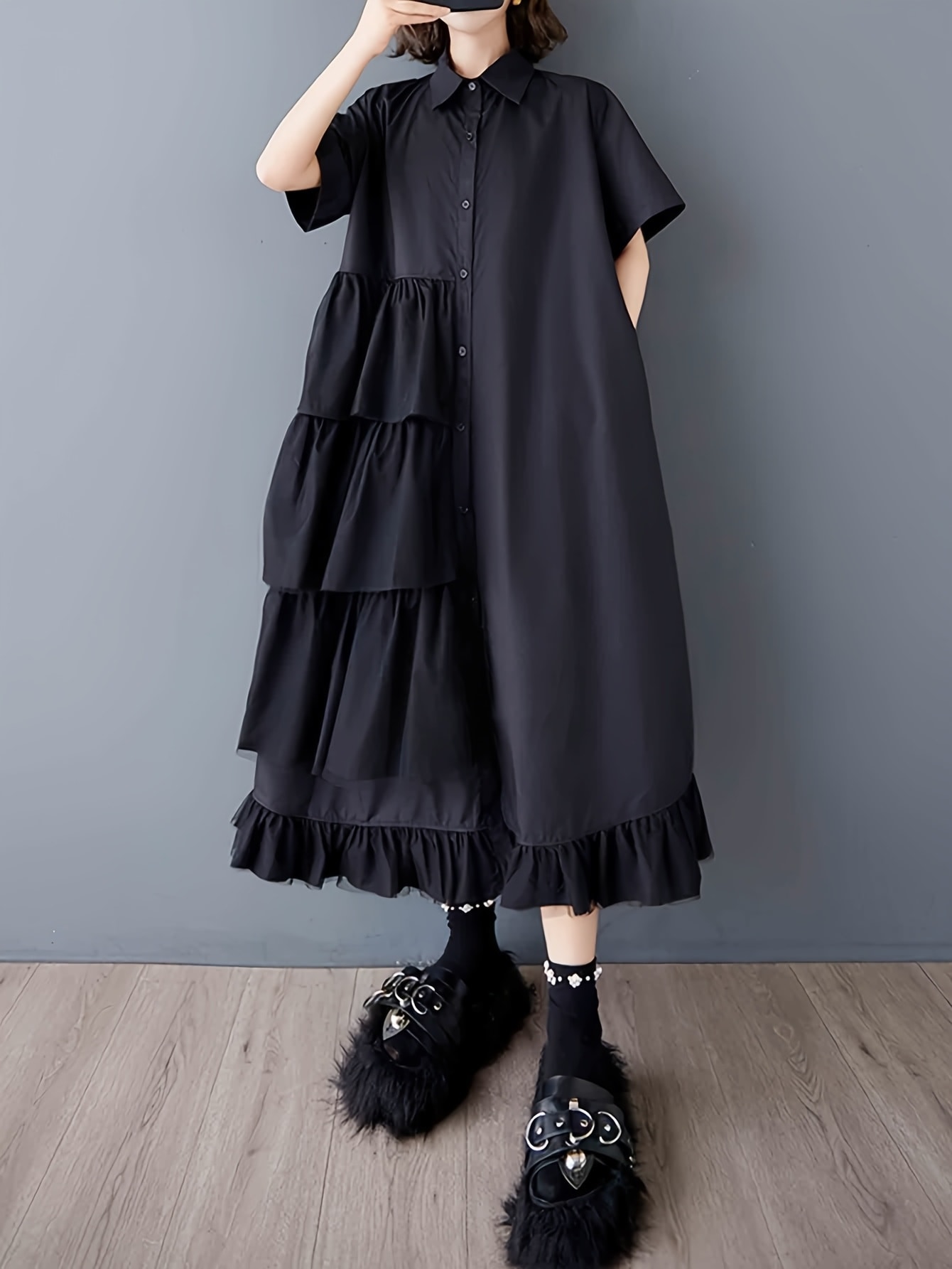 【全店30％OFF引き換え証】【流行り物うつり変わり】プルオーバー衣装 ロング レディース ティアード 半袖 襟付き添い人 非対称 マキシ丈 膝下 ひざ下 前食い違い 名取り草 シャツワンピ 上衣 ビッグ影ぼうし 厚地の外套大きさ ゆったり 体型押しかぶせる Aライ