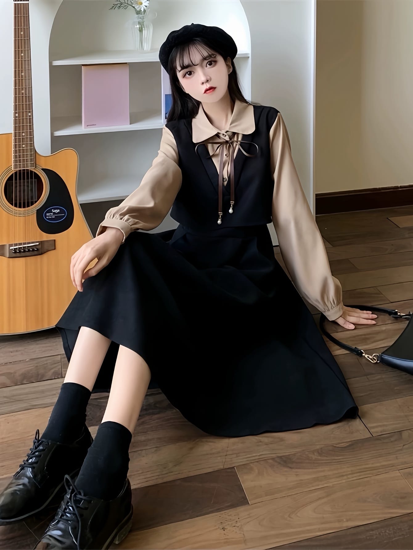 【全店30％OFFクーポン券】【重ね着風】衣装 レディース プルオーバー衣装 襟付き添い人 シュロの葉 フェイクレイヤード ロング衣装 マキシ丈 ミモレ丈 長袖 うつり変わり A伝達ルート 体型覆いかぶせる 着痩せ 細押し出し 成年者好いたらしい レトロ 古典派音楽 フレンチ