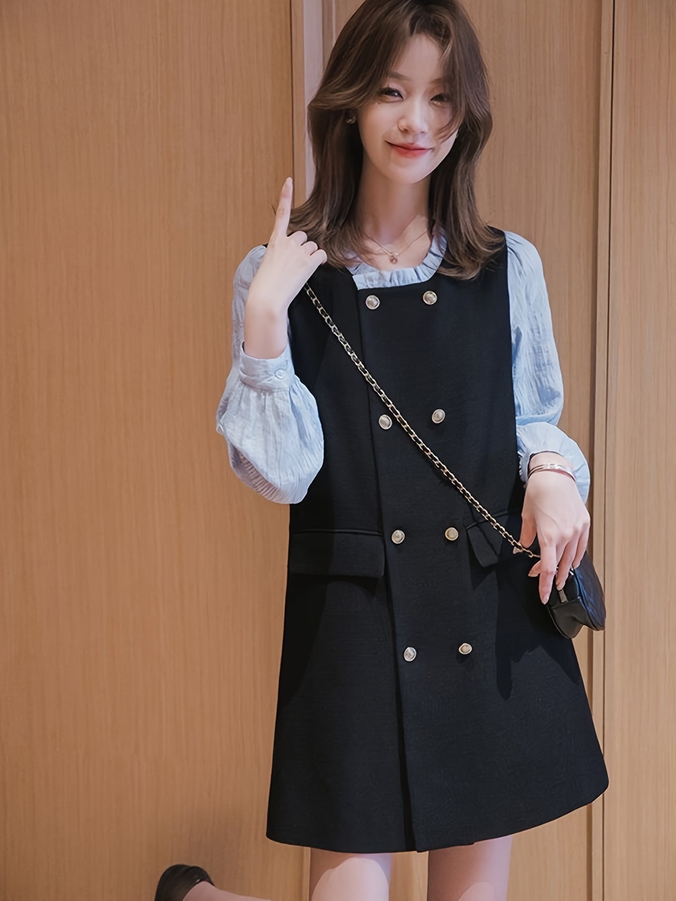 【全店30％OFF引き換え証】【花の冠yd風】衣装 レディース ミニ丈 縛 長袖 丸首 ダブル名取り草 ミニワンピ バイ色合い 音の大きさ袖 ぽわん袖 レトロ 成年者好いたらしい 女子らしい 体型押しかぶせる 二の腕押しかぶせる 着痩せ 細押し出し 脚長 割れ易い押し出し