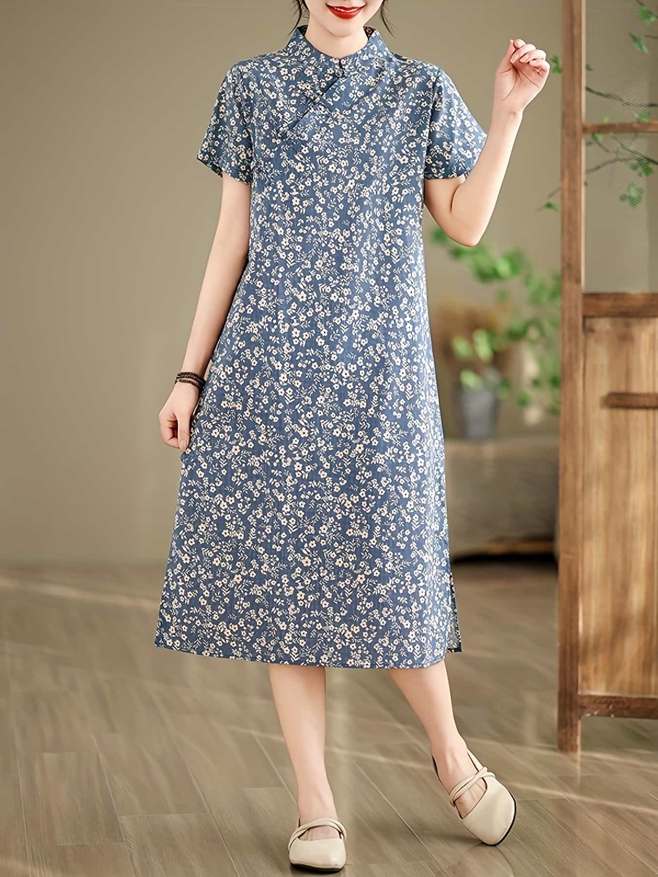 【全店30％OFF引き換え証】【レトロ好いたらしい】瀬戸ものお召しもの 衣装 瀬戸もの風 組み換える型 旗袍 レディース 花柄 半袖 ロング衣装 ミモレ丈 膝下 総柄 照明ランプ色合い 立ち襟 A生産ライン ゆったり 体型押しかぶせる 着痩せ 冷やりとした 綿混 コットンタ