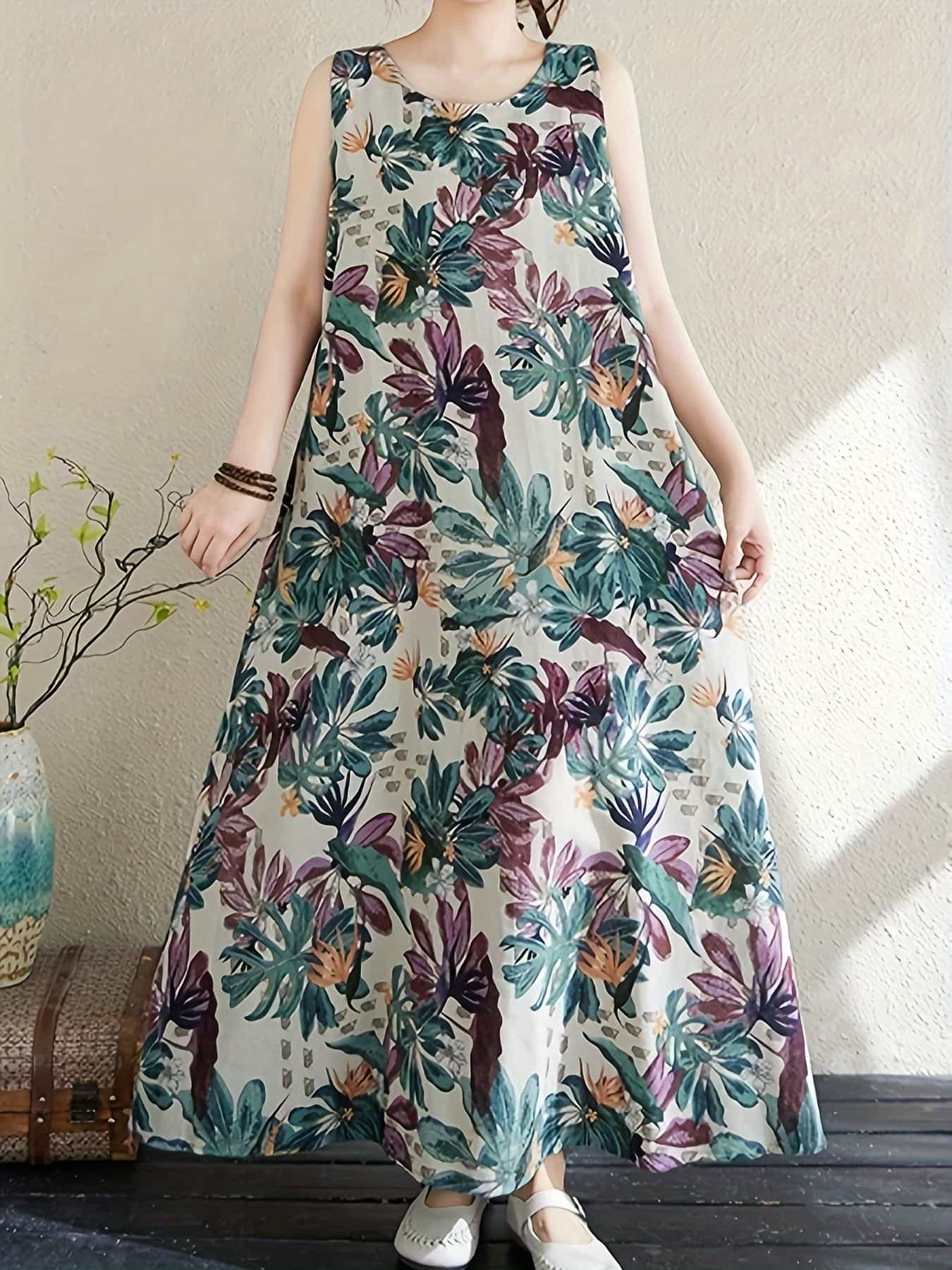 【全店通用25%OFFクーポン】【大人のリゾート】ロングワンピース レディース マキシ丈 ノースリーブ 花柄 ボタニカル柄 総柄 リネンタッチ 麻風 Aライン タンクワンピース 体型カバー 着痩せ 涼しい 蒸れない ゆったり 楽ちん 20代 30代|大森麗萱