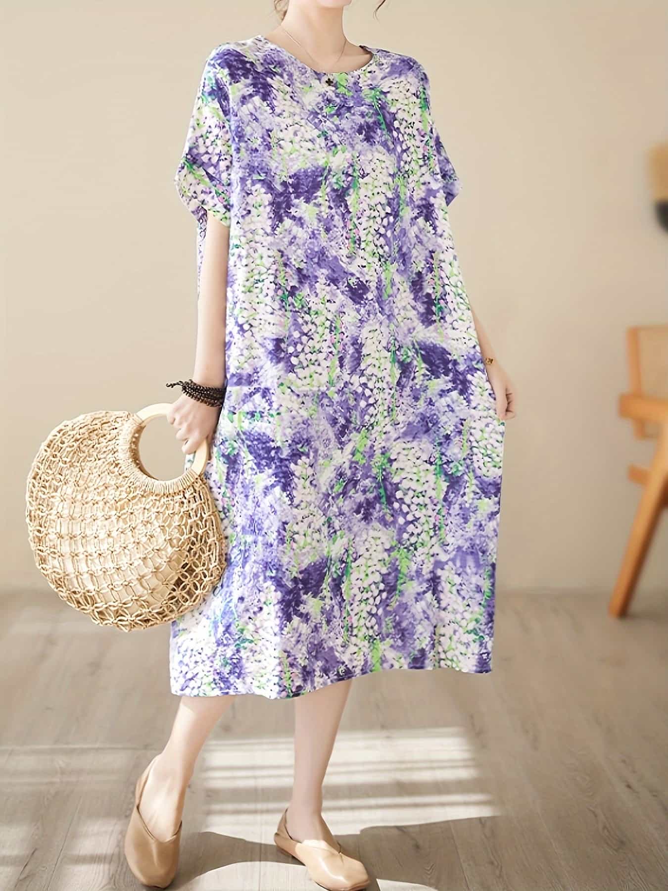 【全店30％OFF引き換え証】衣装 ロング衣装 レディース マキシ丈 半袖 五分袖 花柄 総柄 ボタニカル エスニック ボヘミアン ゆったり 体型押しかぶせる 着痩せ 二の腕押しかぶせる 冷やりとした 涼感 薄っぺら 30代 40代 50代 成年者好いたらしい 好いたらしいめ