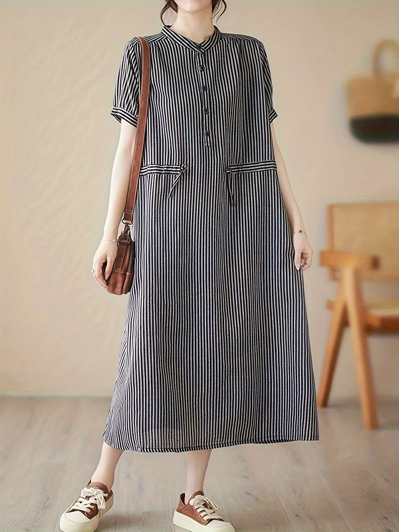 【全店30％OFF引き換え証】【着痩せ縞模様】 衣装 レディース 夏 半袖 ロング衣装 プルオーバー衣装 ダンス楽隊色合い 縞模様柄 縞飾りつけ 上衣 マキシ丈 ミモレ丈 膝下 ゆったり 体型押しかぶせる 30代 40代 50代 酉の方角紐