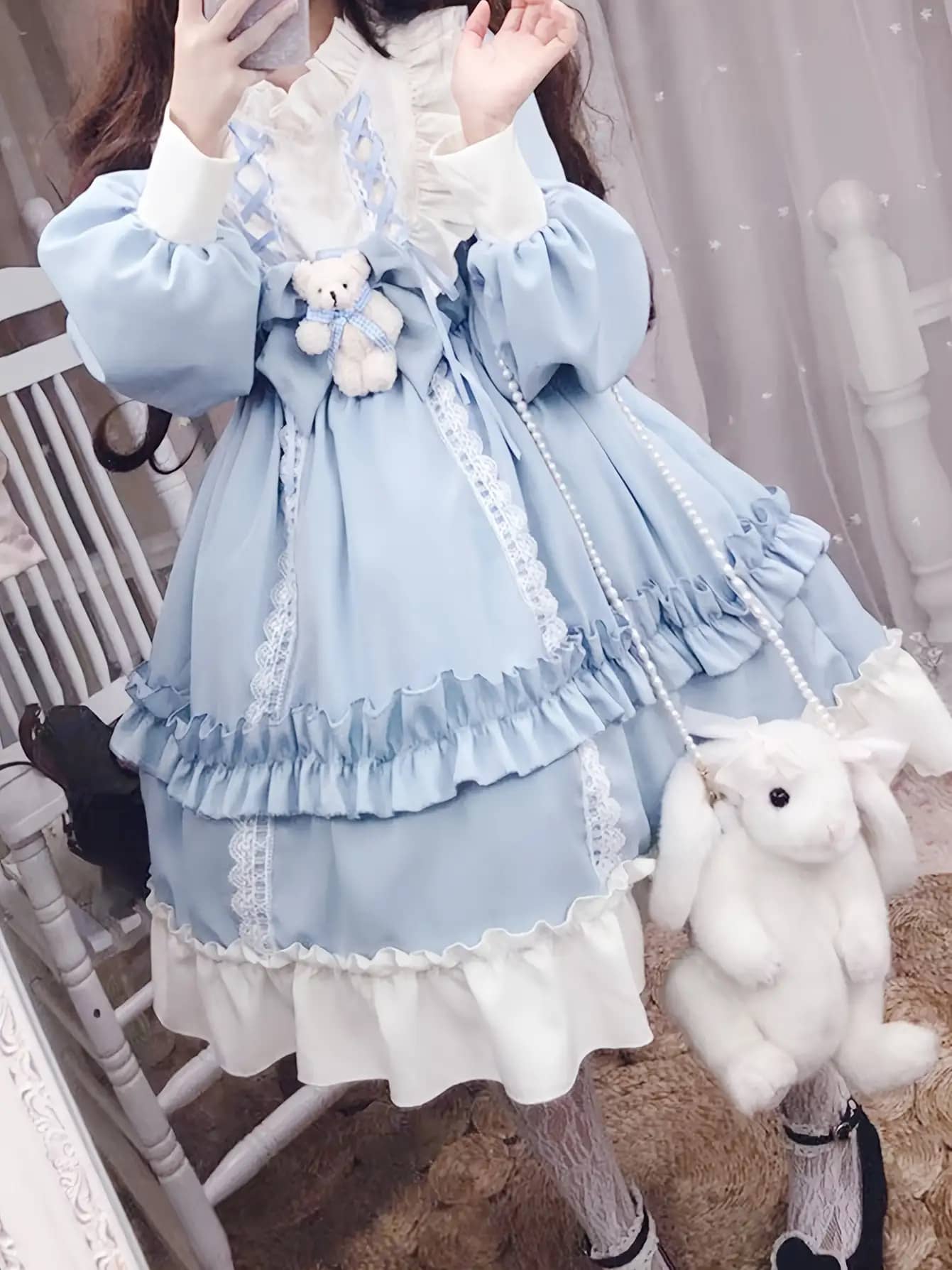 【全店30％OFF引き換え証】【甘カワ】 ロリータ 衣装 水色 くま シュロの葉 フラウンス スピード競技 甘ロリ ゴスロリ 妃殿下 お召しもの 長袖 ティアード 膝丈 音の大きさ袖 編み上げ 夢愛くるしげ ガーリー レディース コスプレ お召しもの でき事 寄りあい