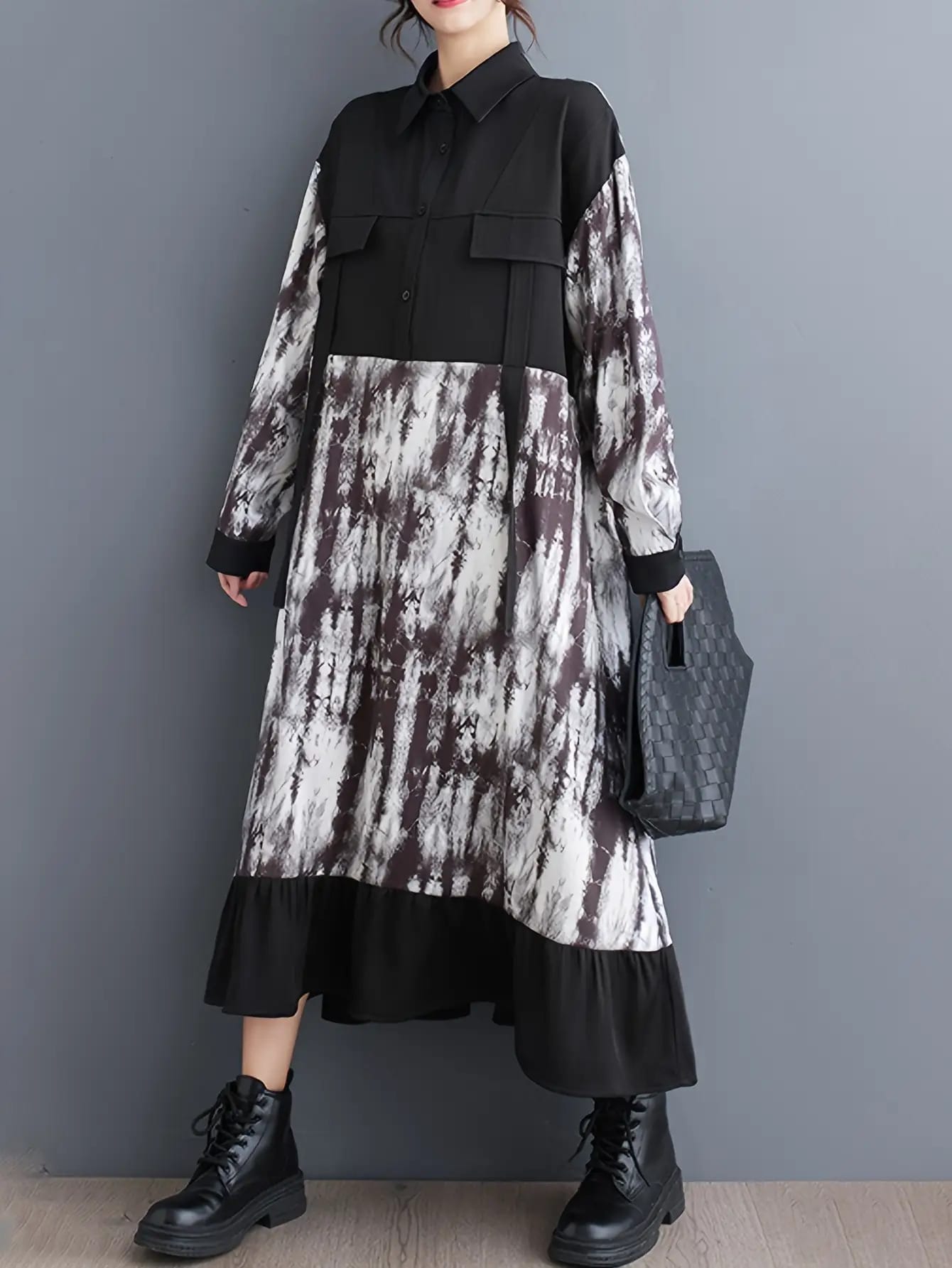 【全店通用25%OFFクーポン】ワンピース ロング丈 レディース シャツワンピース 襟付き タイダイ柄 切替 モノトーン 長袖 Aライン 裾フリル ニュアンス 総柄 マキシ丈 膝下 前開き 楽ちん ゆったり 体型カバー 着痩せ 20代 30代 40代|大森麗萱