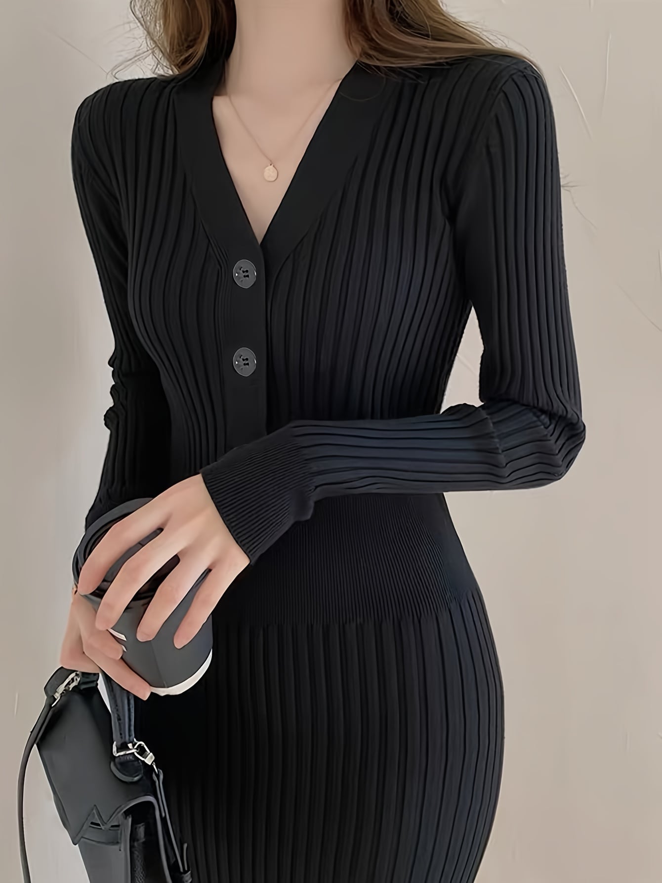 【全店30％OFFクーポン券】【着痩せ縦伝達ルート】編み物衣装 レディース V素っ首 リブニット タイトワンピース ミモレ丈 長袖 向こう正面名取り草 編み物 ワンピ 膝下 伸縮性 伸ばすこと か細い 美伝達ルート 無地 分かりやすい 黒 体型覆いかぶせる 細押し出し 大