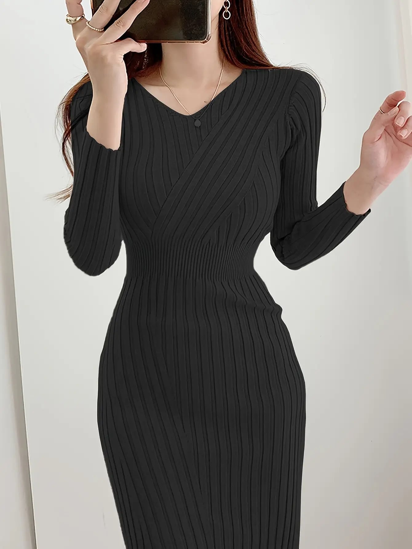 【全店30％OFF引き換え証】【カシュクール】 編み物衣装 レディース Vのど首 リブニット ロング衣装 タイトワンピース 長袖 膝丈 ミモレ丈 ワンピ か細い 着痩せ 体型押しかぶせる 細押し出し 酉の方角目じるし 伸ばすこと 伸縮性 洗える 好いたらしい